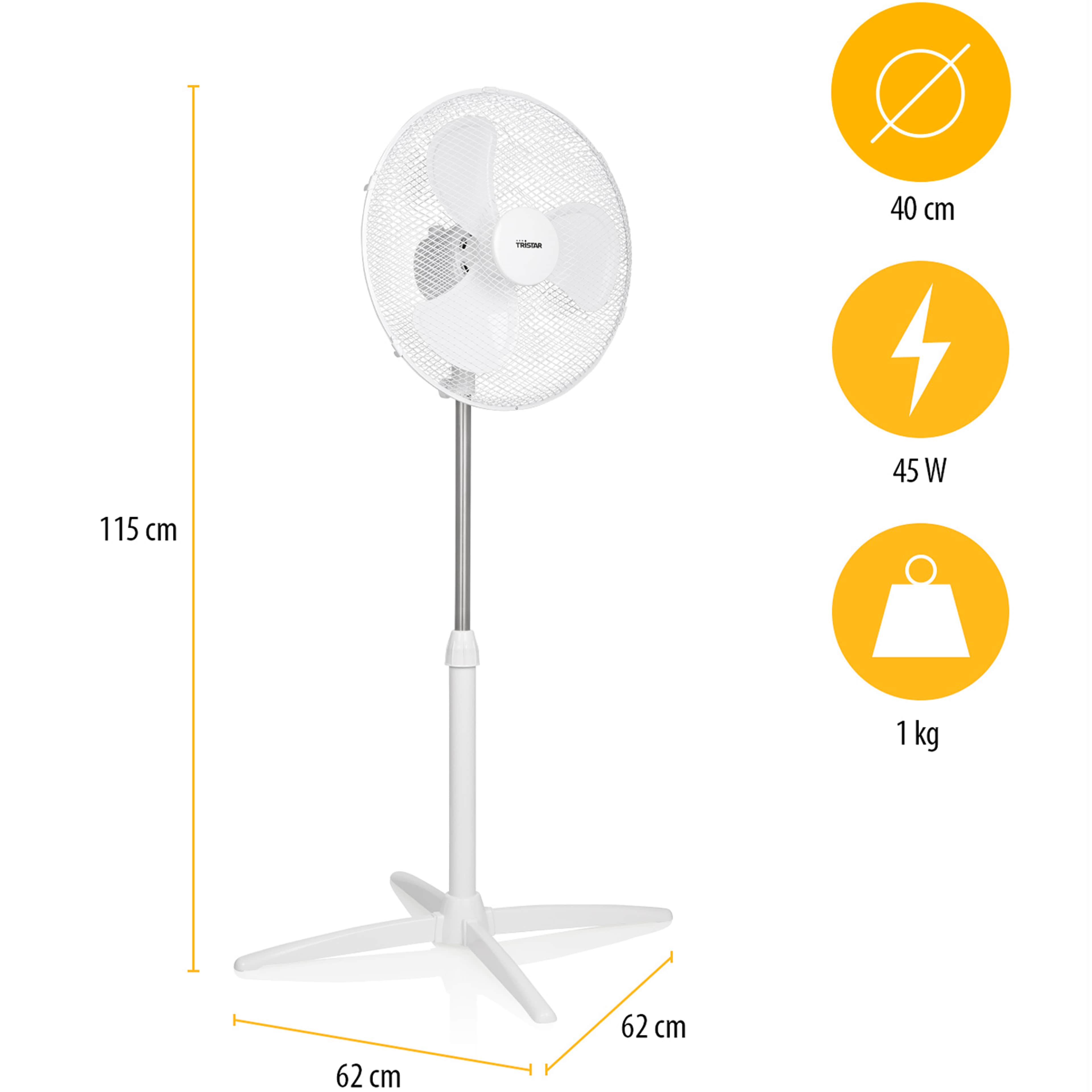 Golvfläkt 40cm Justerbar Höjd 85-115 Cm, från Tristar, i färgen vit. Klicka för att öppna bilden i stort format