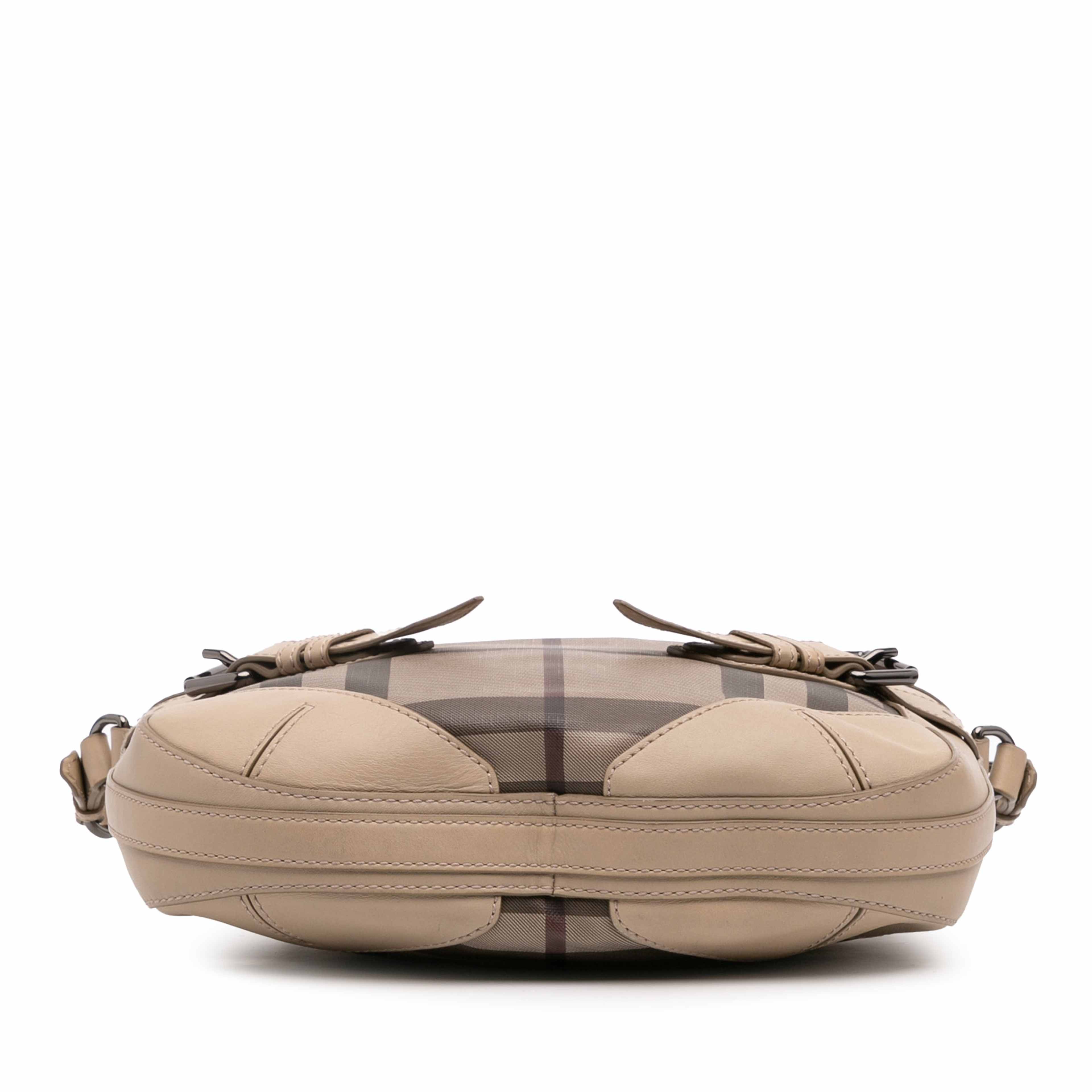 Burberry Smoke Check Coated Canvas And Leather Satchel, från Luxclusif, i färgen light brown. Klicka för att öppna bilden i stort format