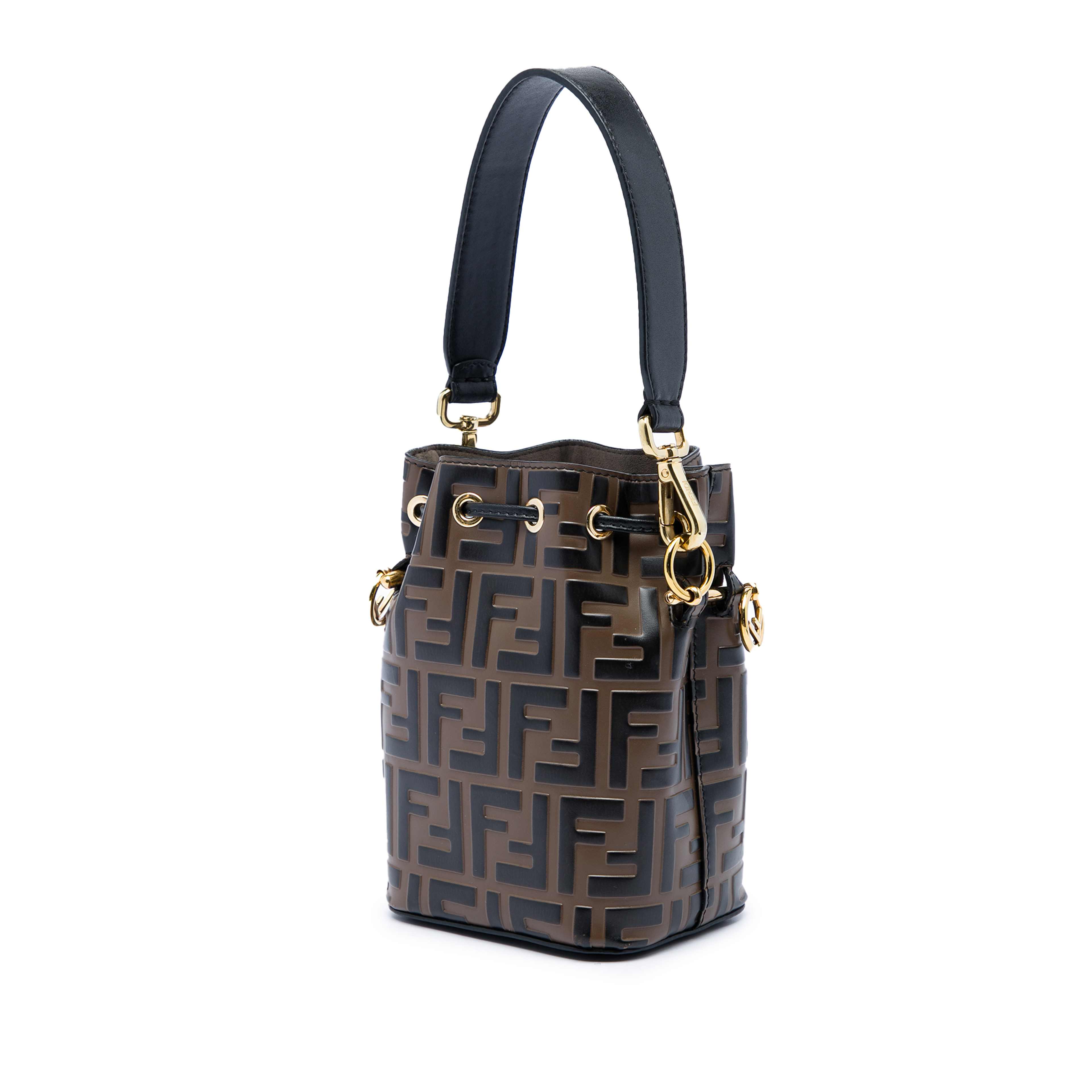 Fendi Mini Ff 1974 Embossed Leather Mon Tresor Bucket Bag, från Luxclusif, i färgen brun. Klicka för att öppna bilden i stort format