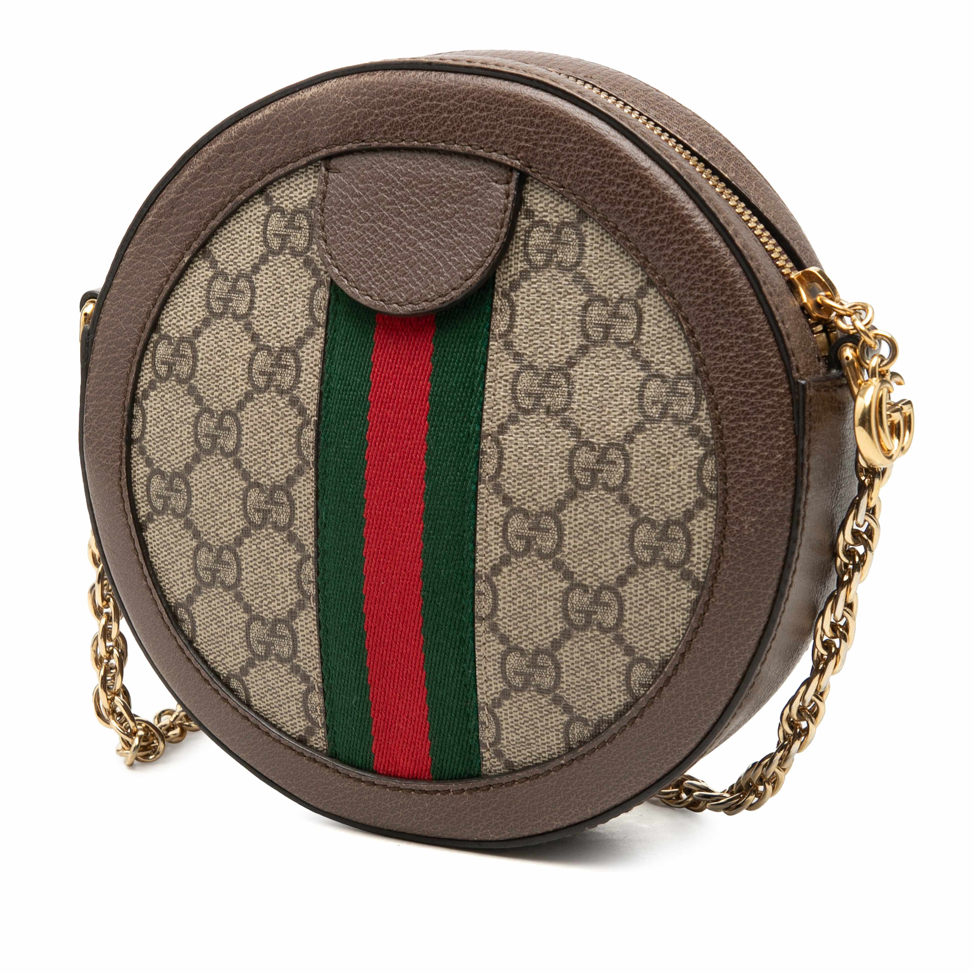 Gucci Mini Gg Supreme Web Ophidia Round Crossbody, från Luxclusif, i färgen beige. Klicka för att öppna bilden i stort format