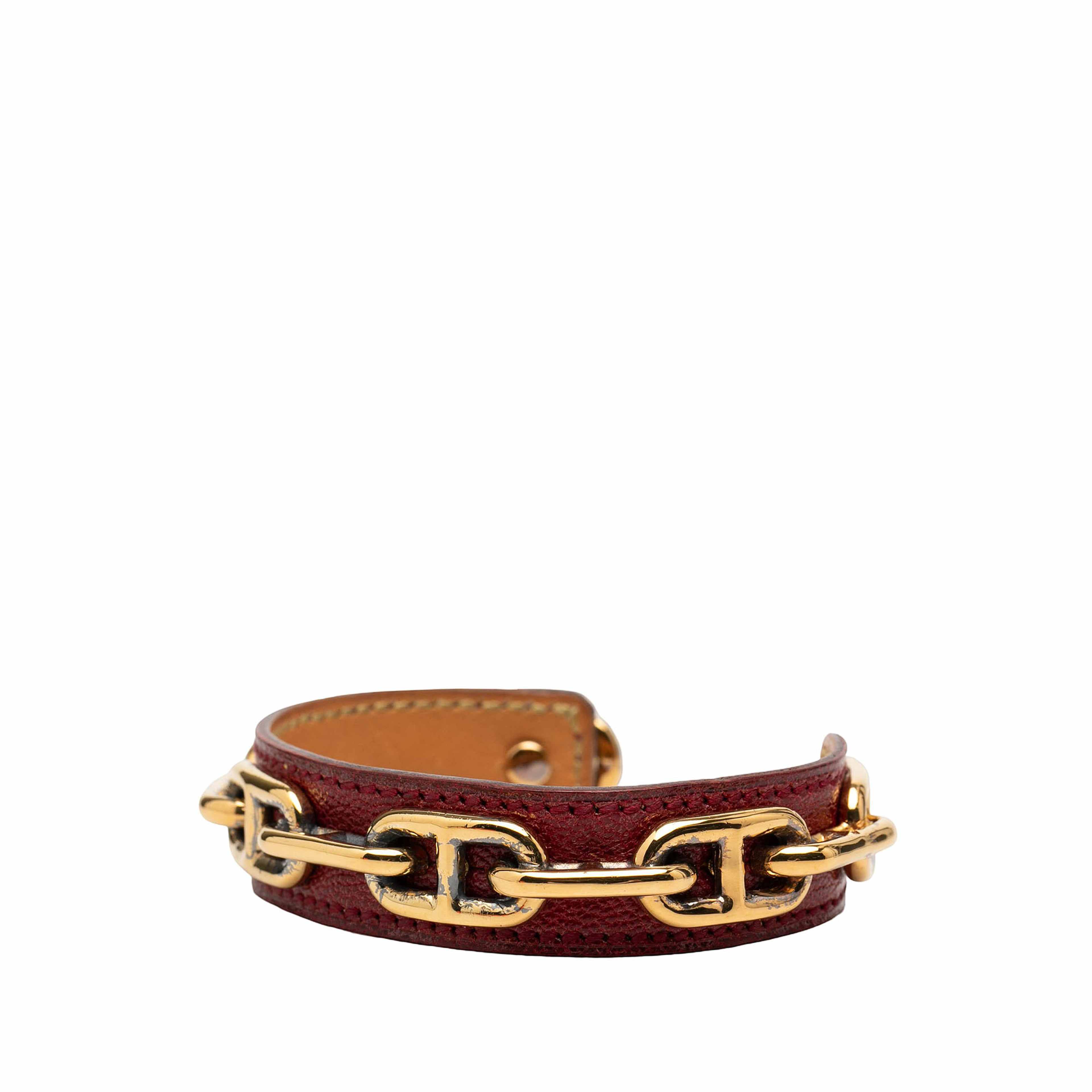Hermès Leather And Gold Plated Chaine D Ancre Cuff Bracelet, från Luxclusif, i färgen dark red. Klicka för att öppna bilden i stort format