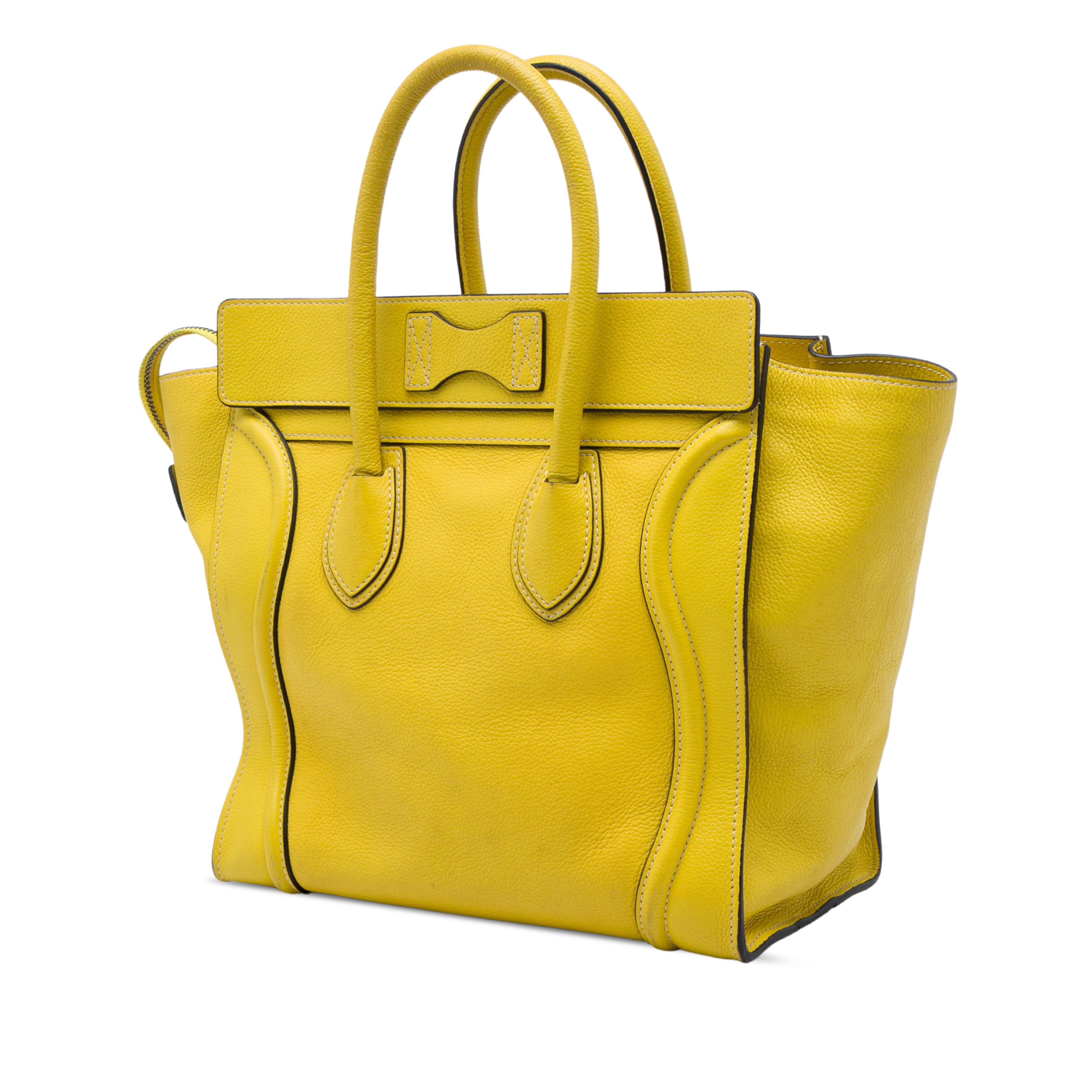 Celine Mini Grained Calfskin Luggage Tote, från Luxclusif, i färgen gul. Klicka för att öppna bilden i stort format