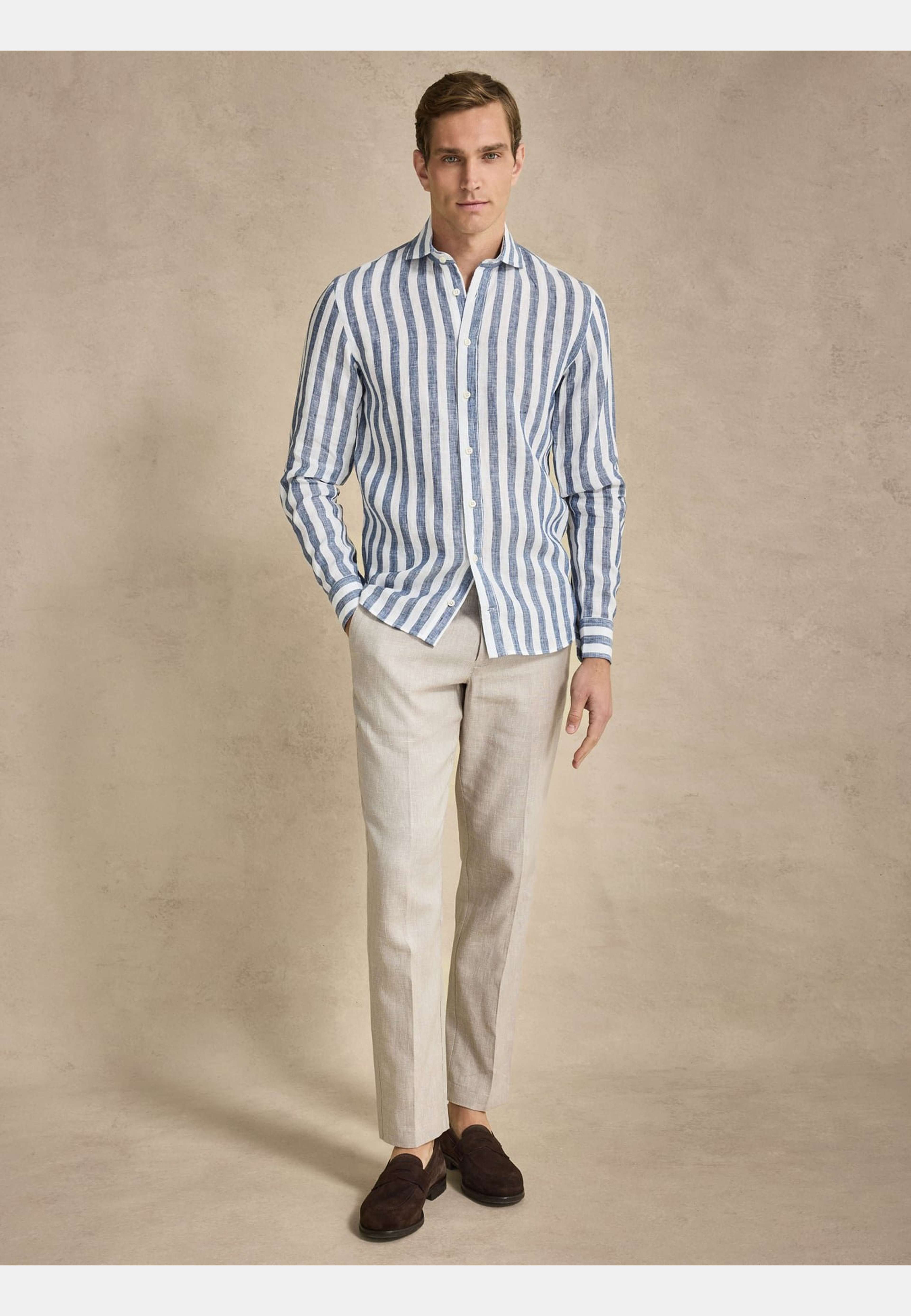 Smart Linen Shirt Block Stripe (lionel), från John Henric, i färgen navy blue. Klicka för att öppna bilden i stort format