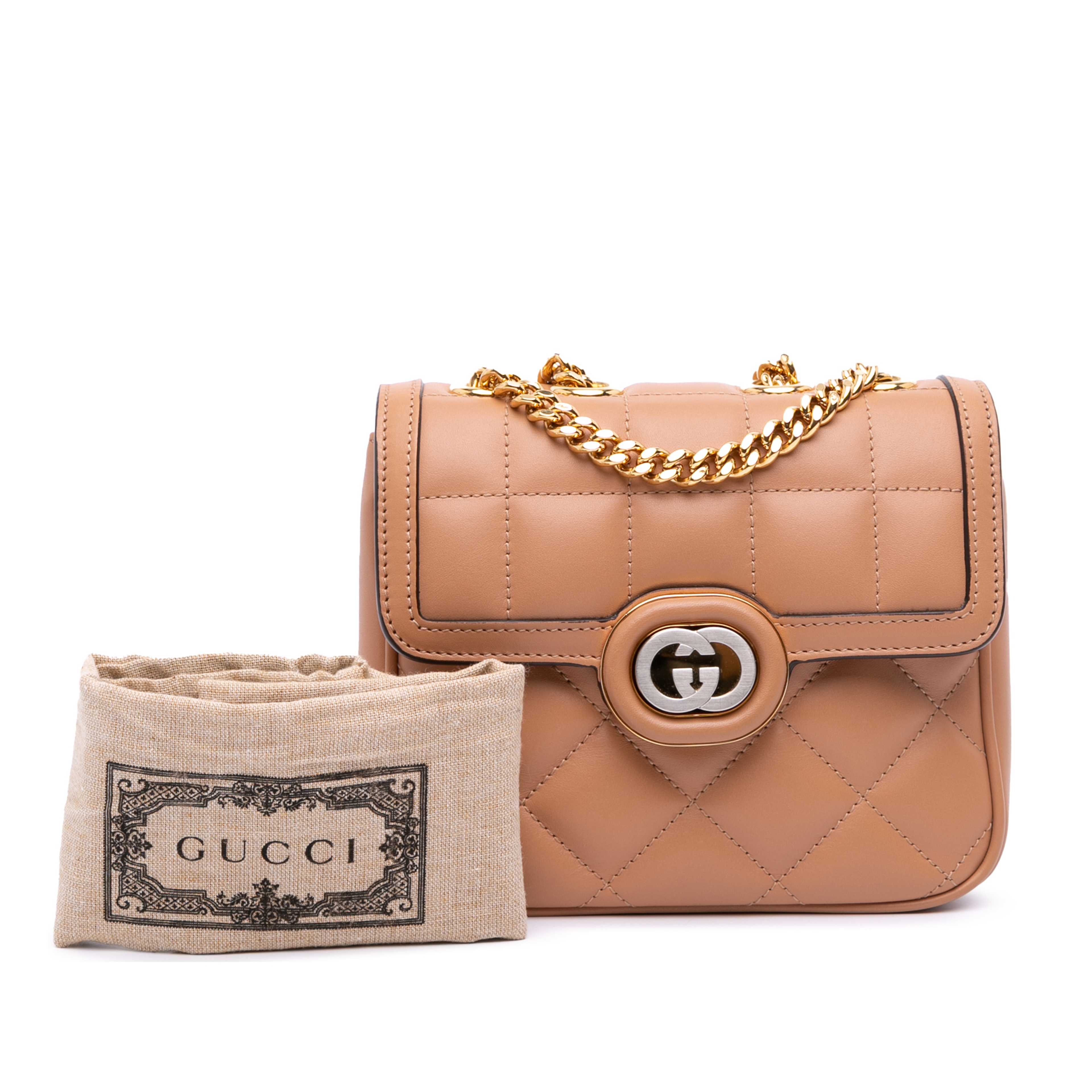 Gucci Mini Leather Deco Chain Shoulder Bag, från Luxclusif, i färgen brun. Klicka för att öppna bilden i stort format