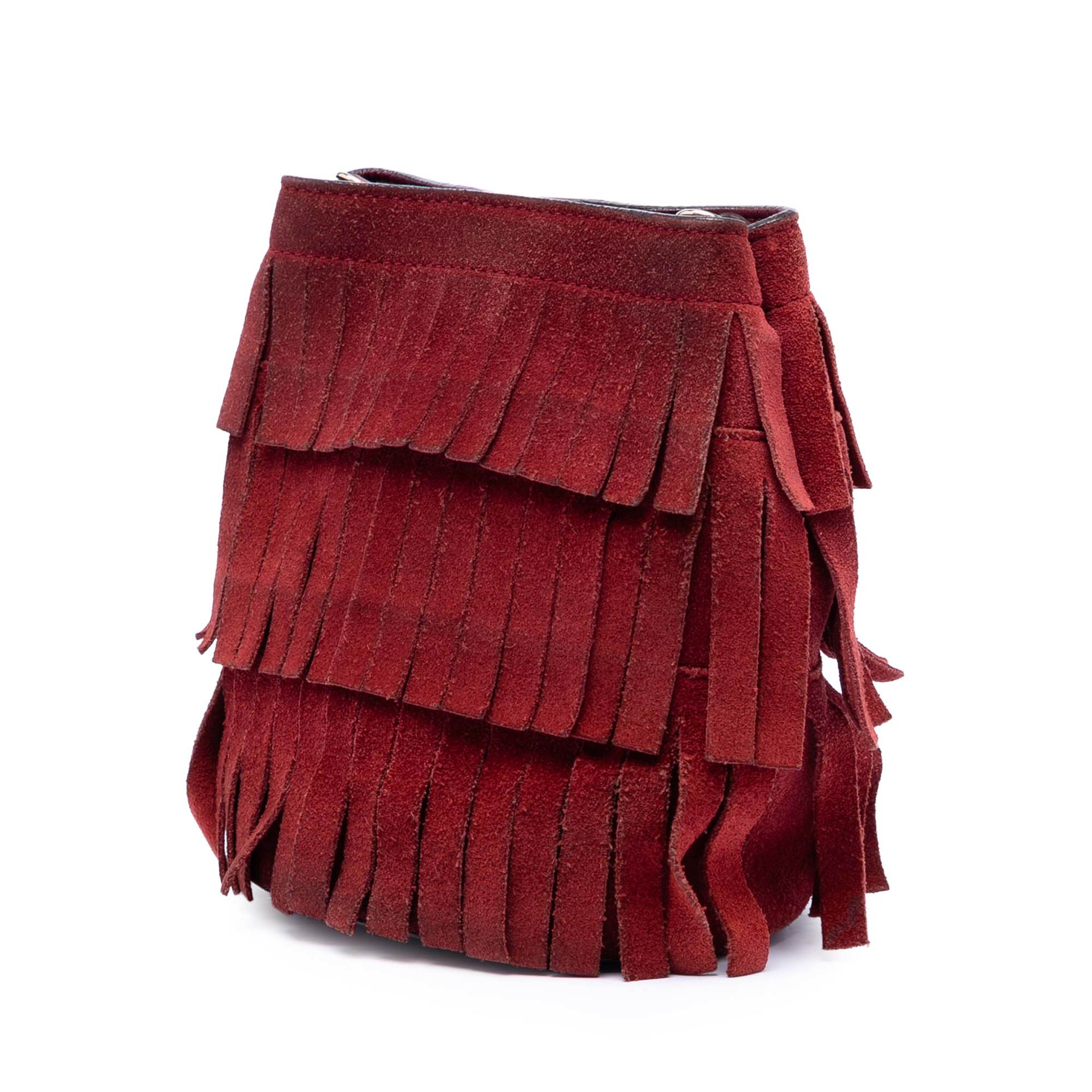 Burberry Mini Suede Fringe Bucket Bag, från Luxclusif, i färgen burgundy. Klicka för att öppna bilden i stort format