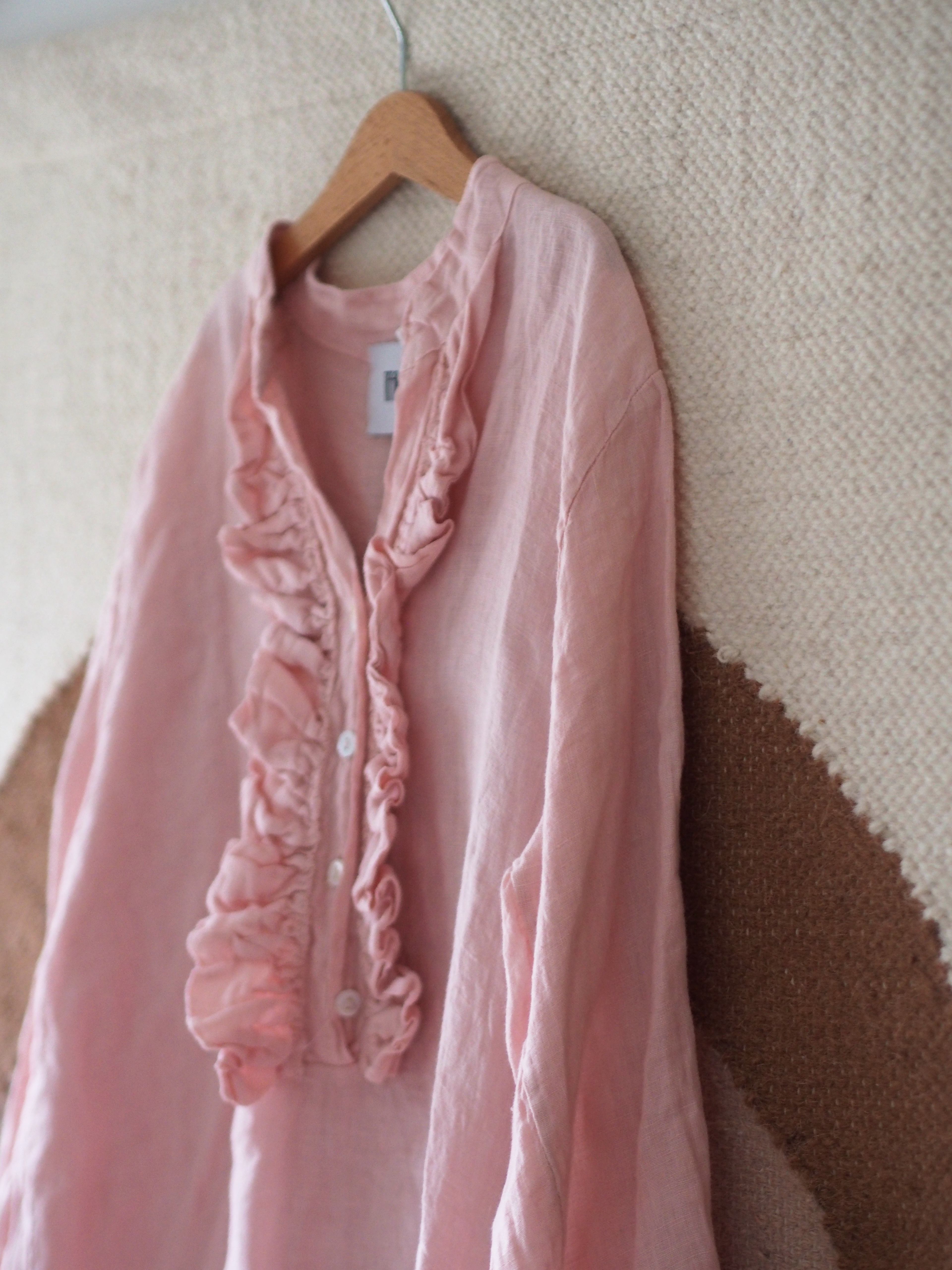 18970r, Long Shirt Dress Ruffle, Linen - New Rose