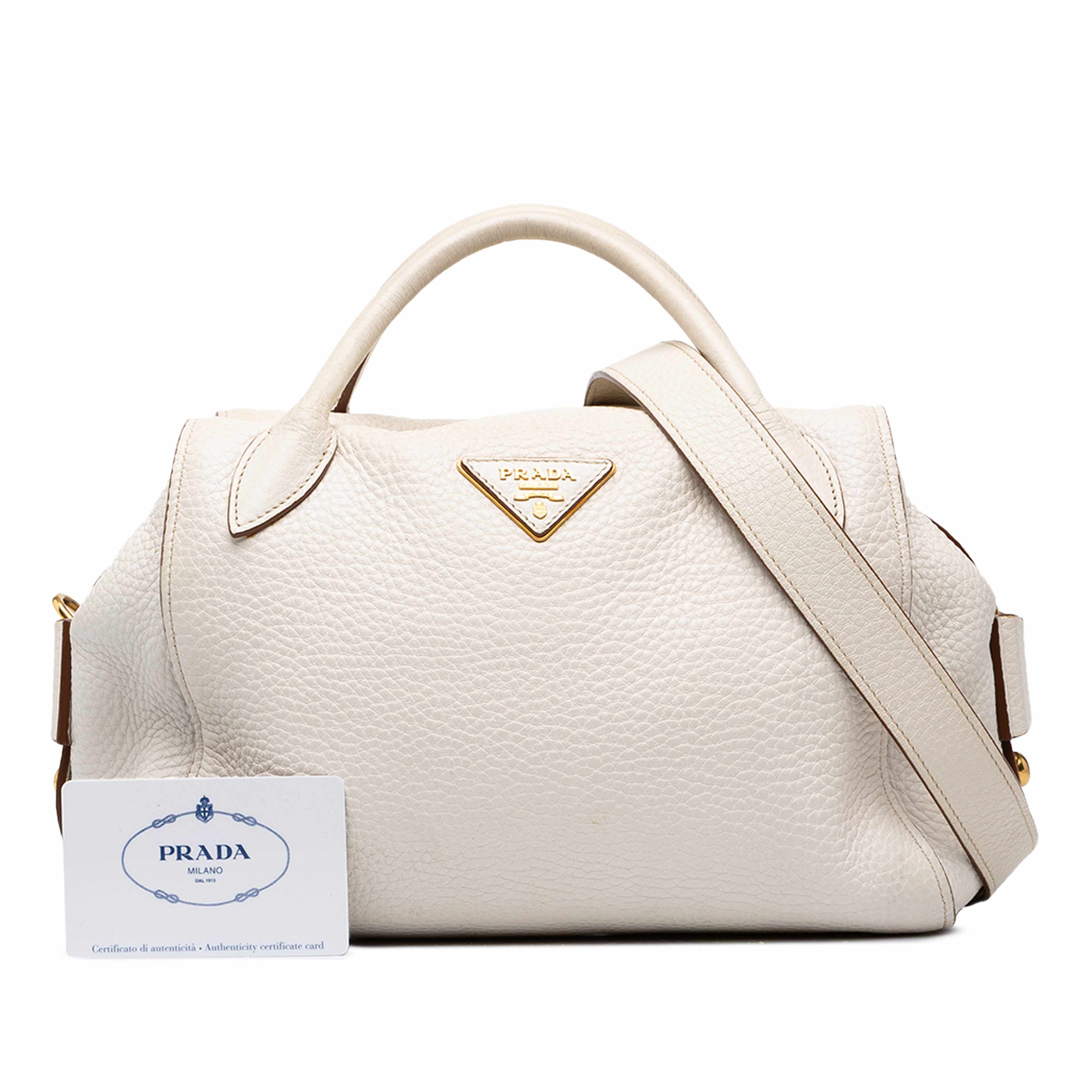 Prada Vitello Daino Zip Top Satchel, från Luxclusif, i färgen vit. Klicka för att öppna bilden i stort format