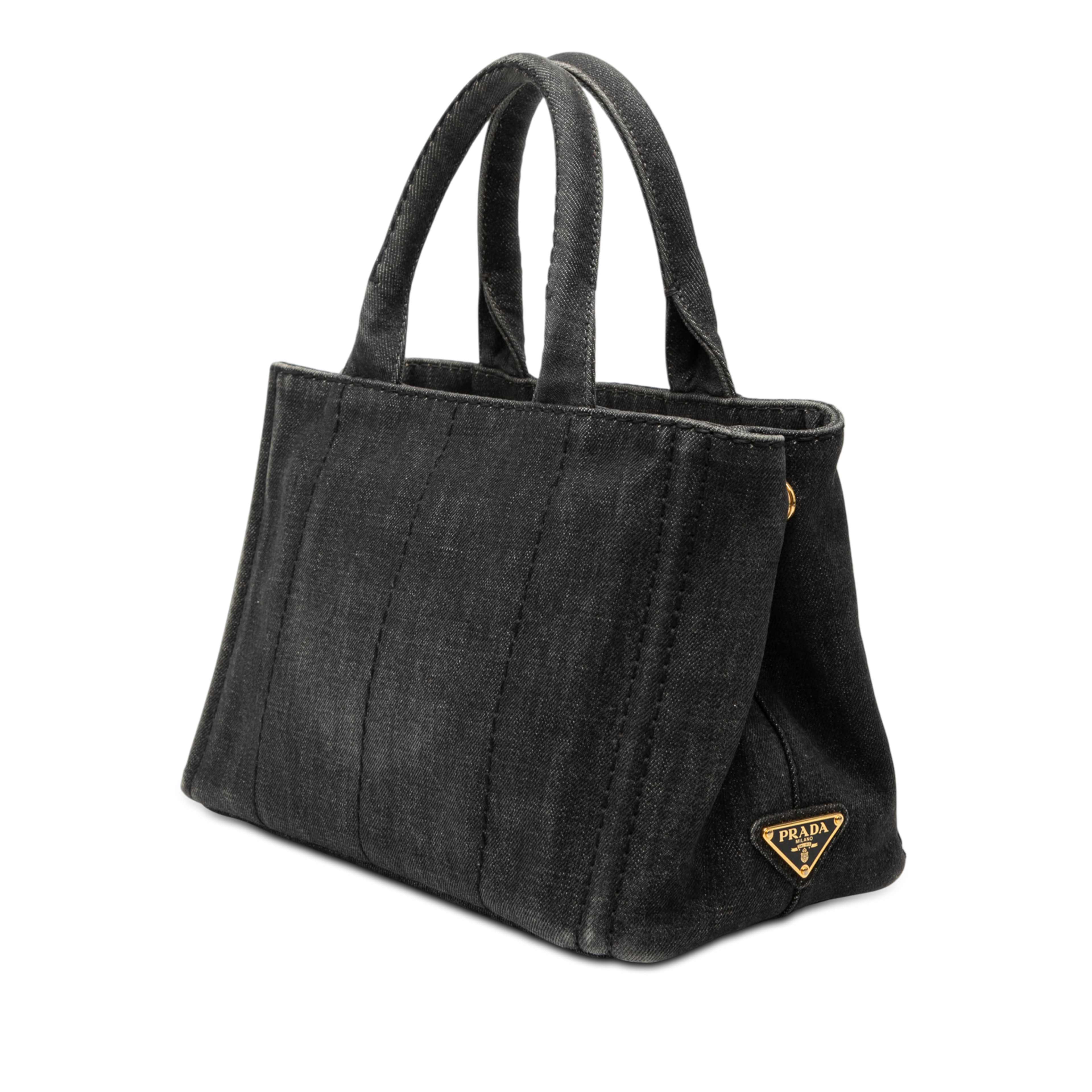 Prada Small Denim Canapa Logo Satchel, från Luxclusif, i färgen dark gray. Klicka för att öppna bilden i stort format