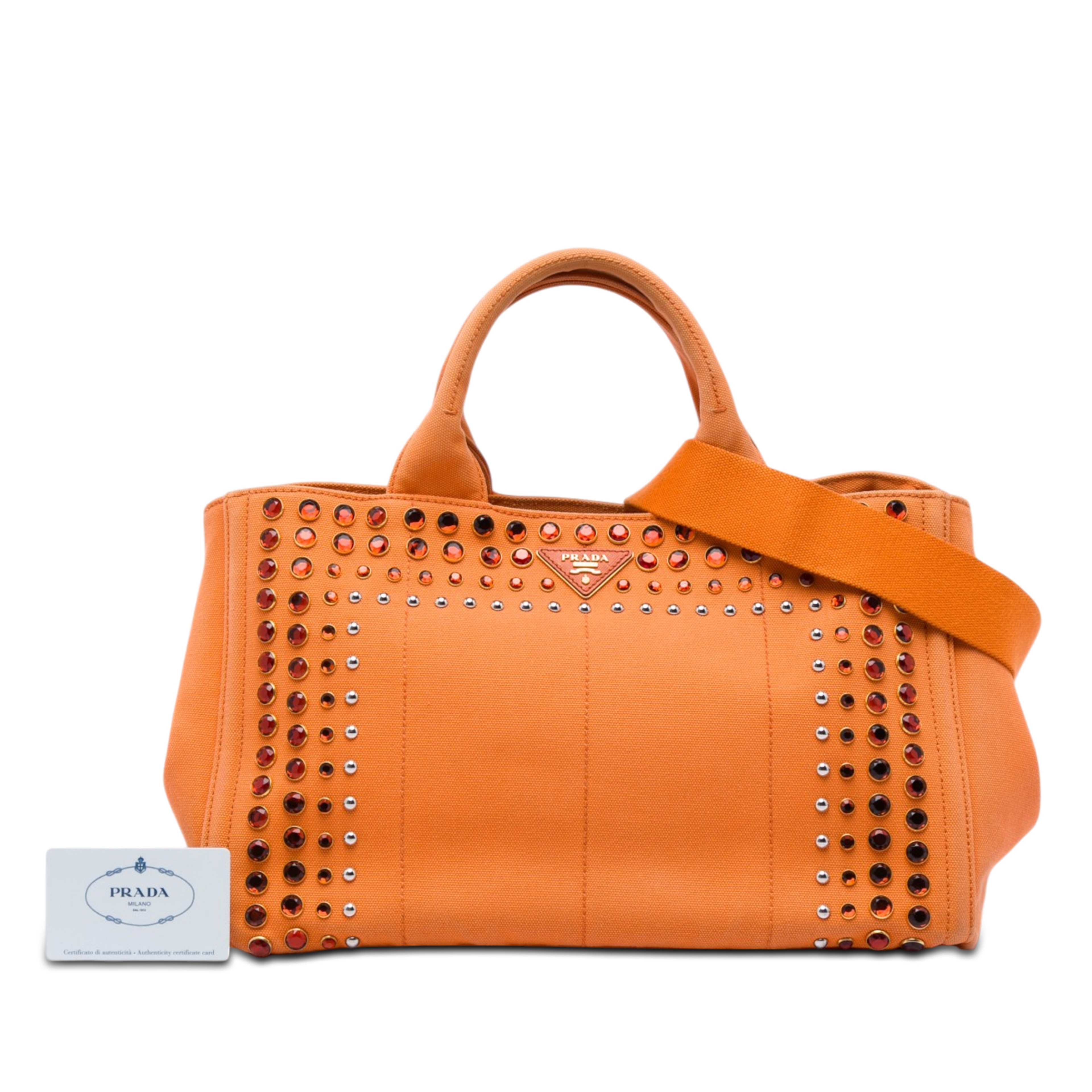 Prada Canvas Canapa Bijoux Satchel, från Luxclusif, i färgen orange. Klicka för att öppna bilden i stort format