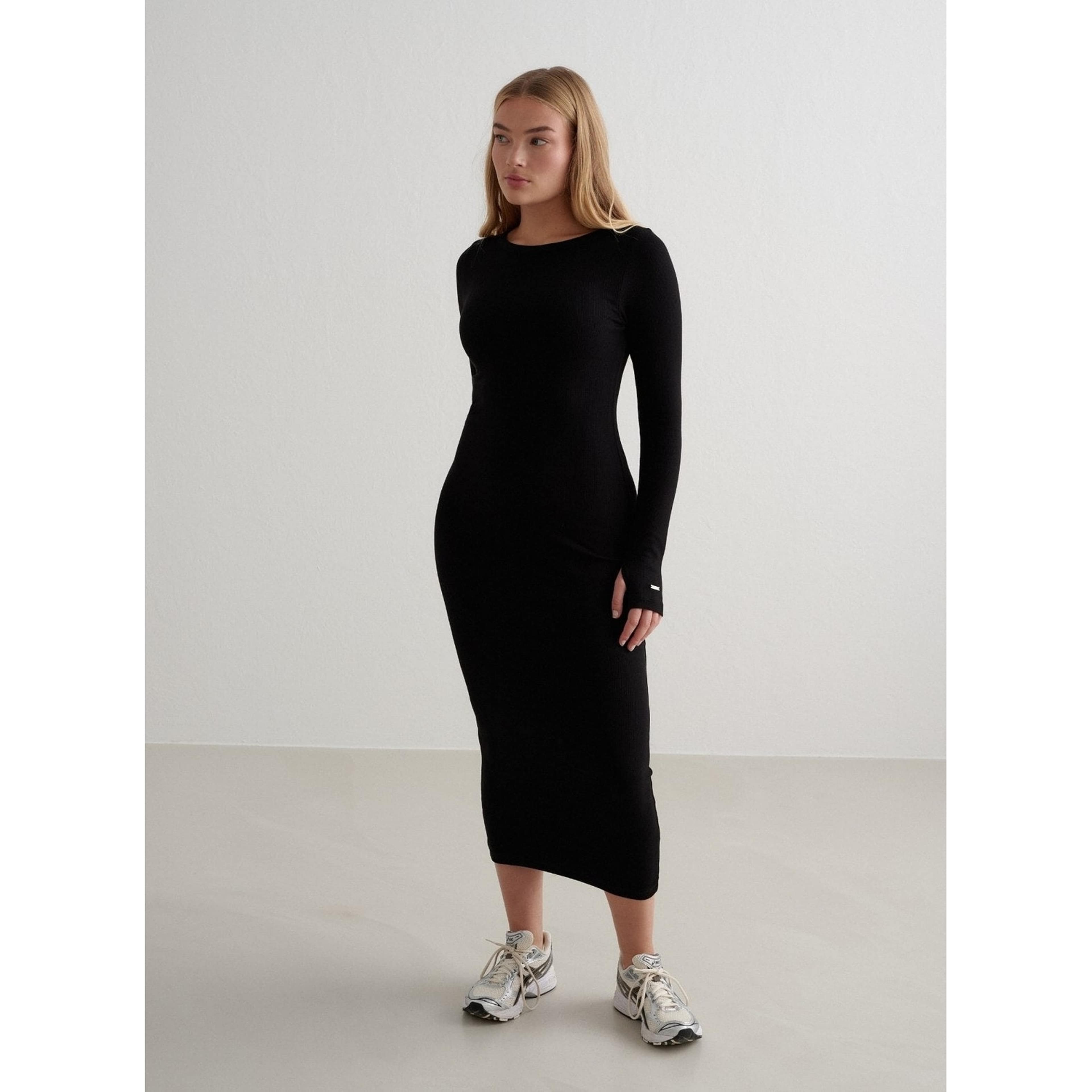 Black Ease Ribbed Long Sleeve Dress