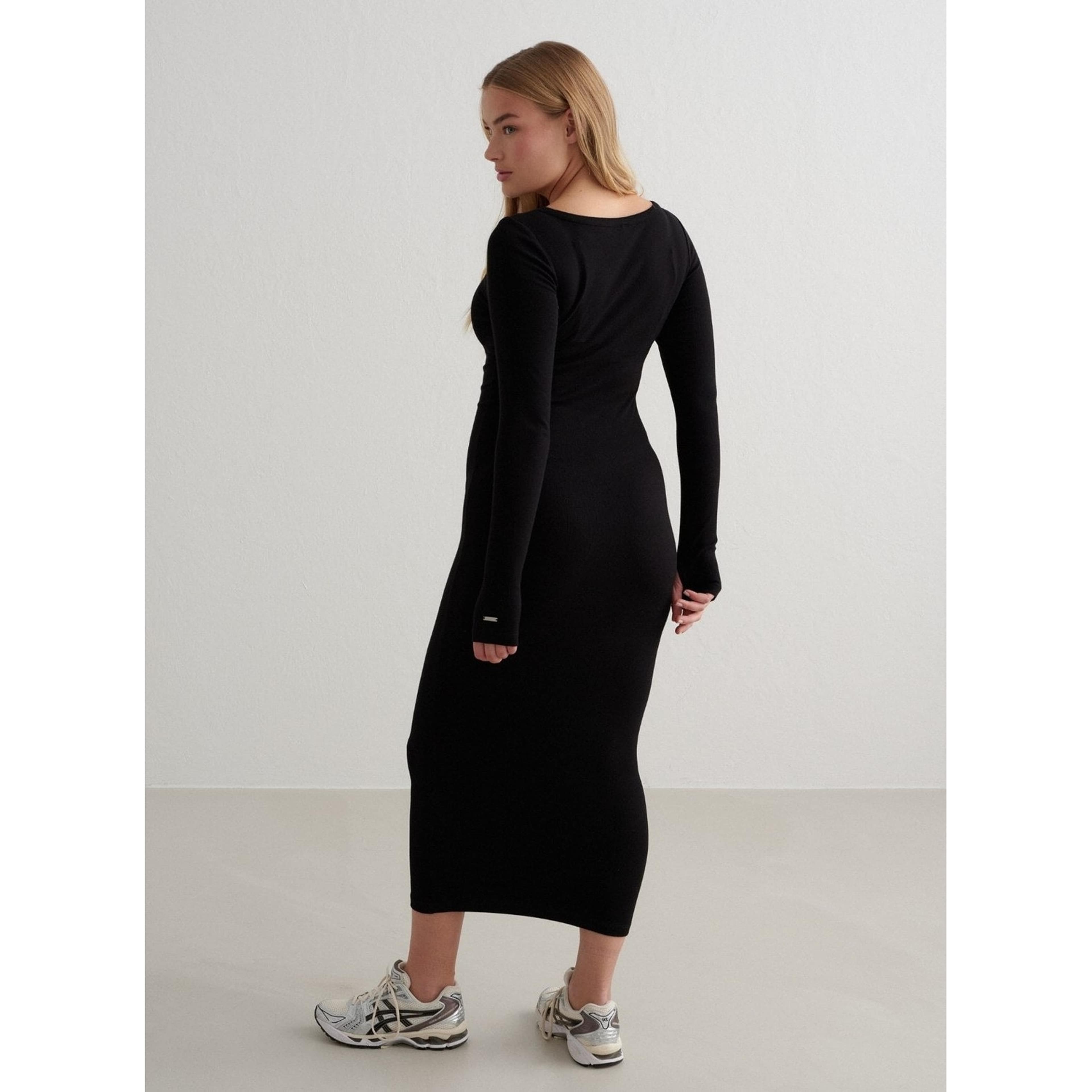 Black Ease Ribbed Long Sleeve Dress