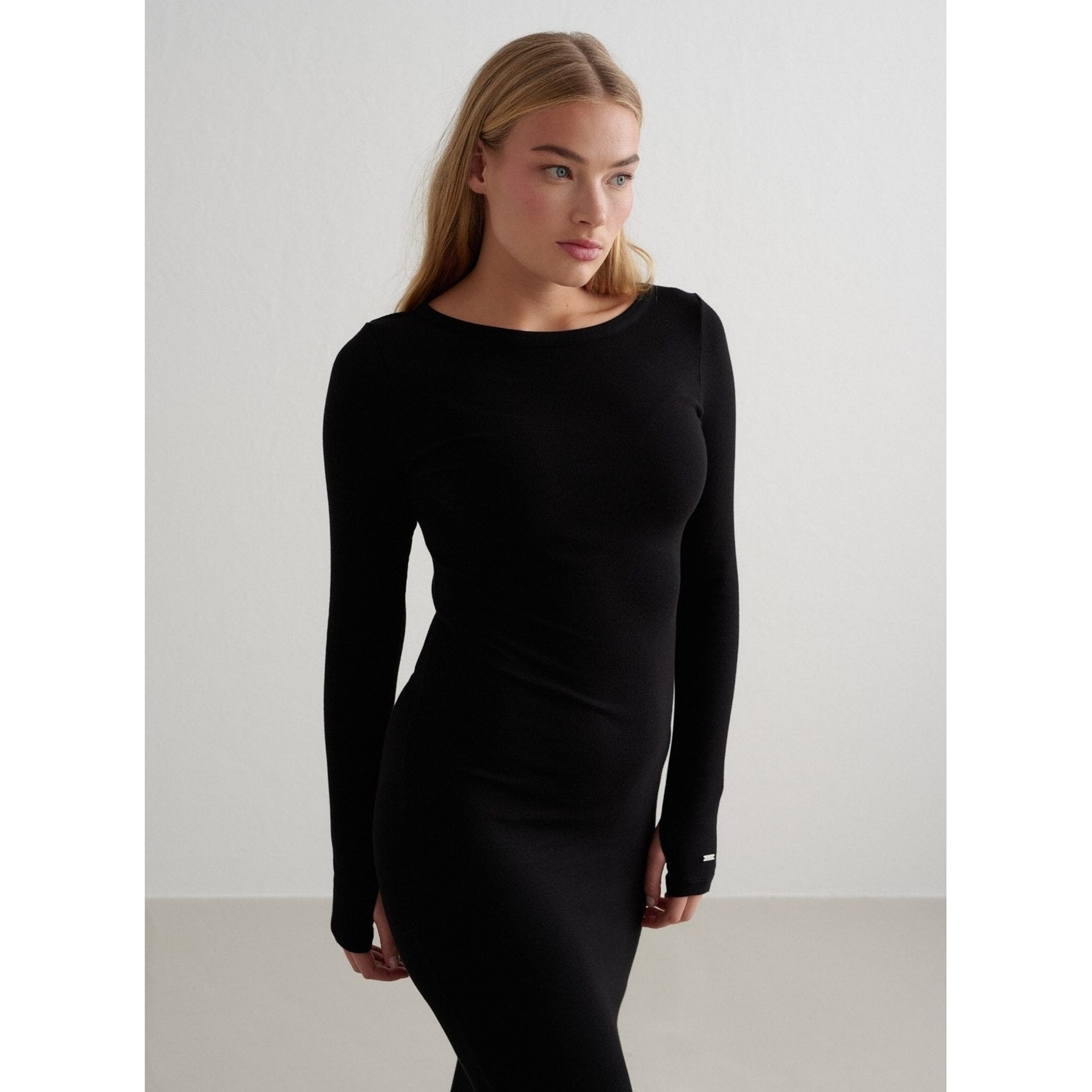 Black Ease Ribbed Long Sleeve Dress