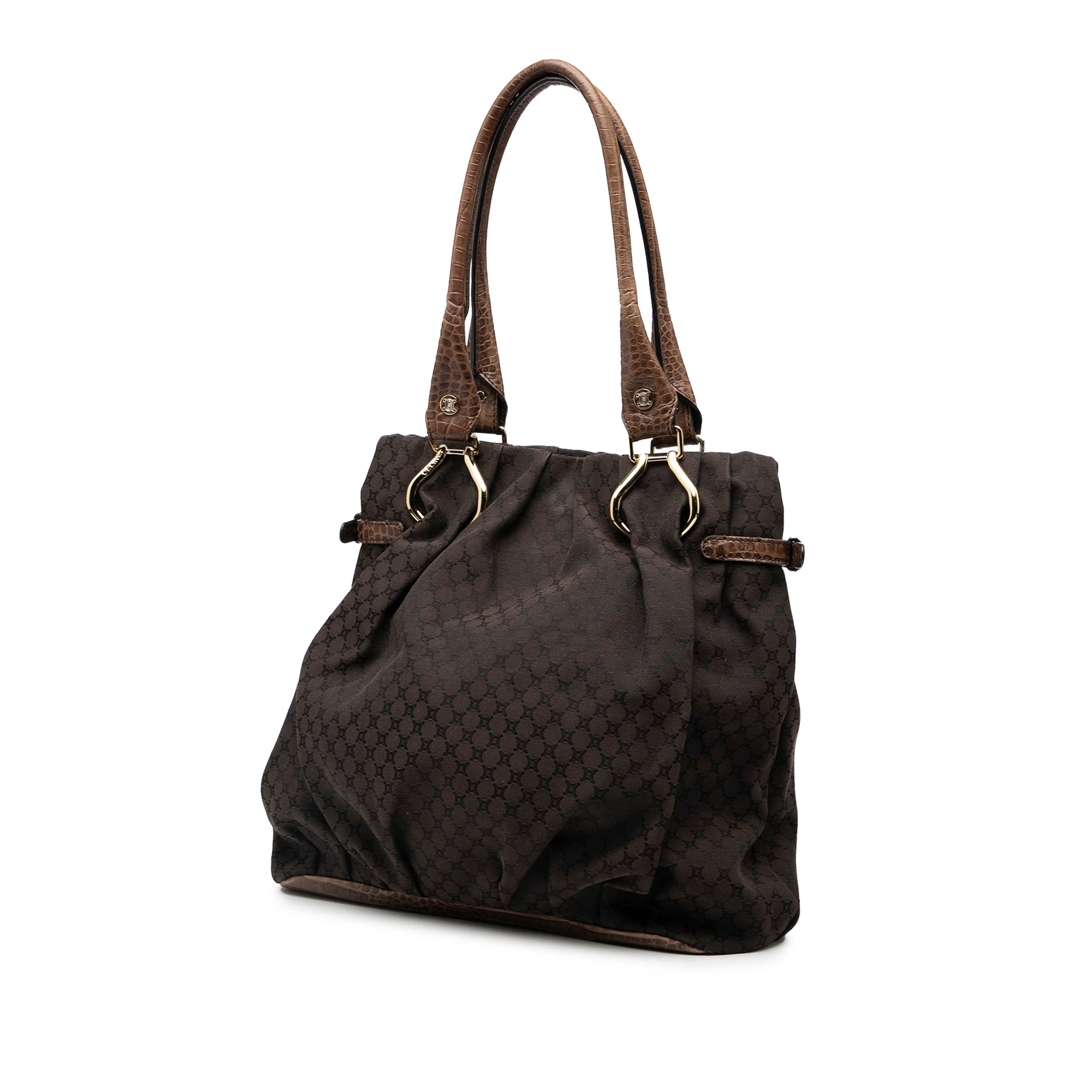Celine Embossed Leather Trimmed Macadam Canvas Vertical Tote, från Luxclusif, i färgen brun. Klicka för att öppna bilden i stort format