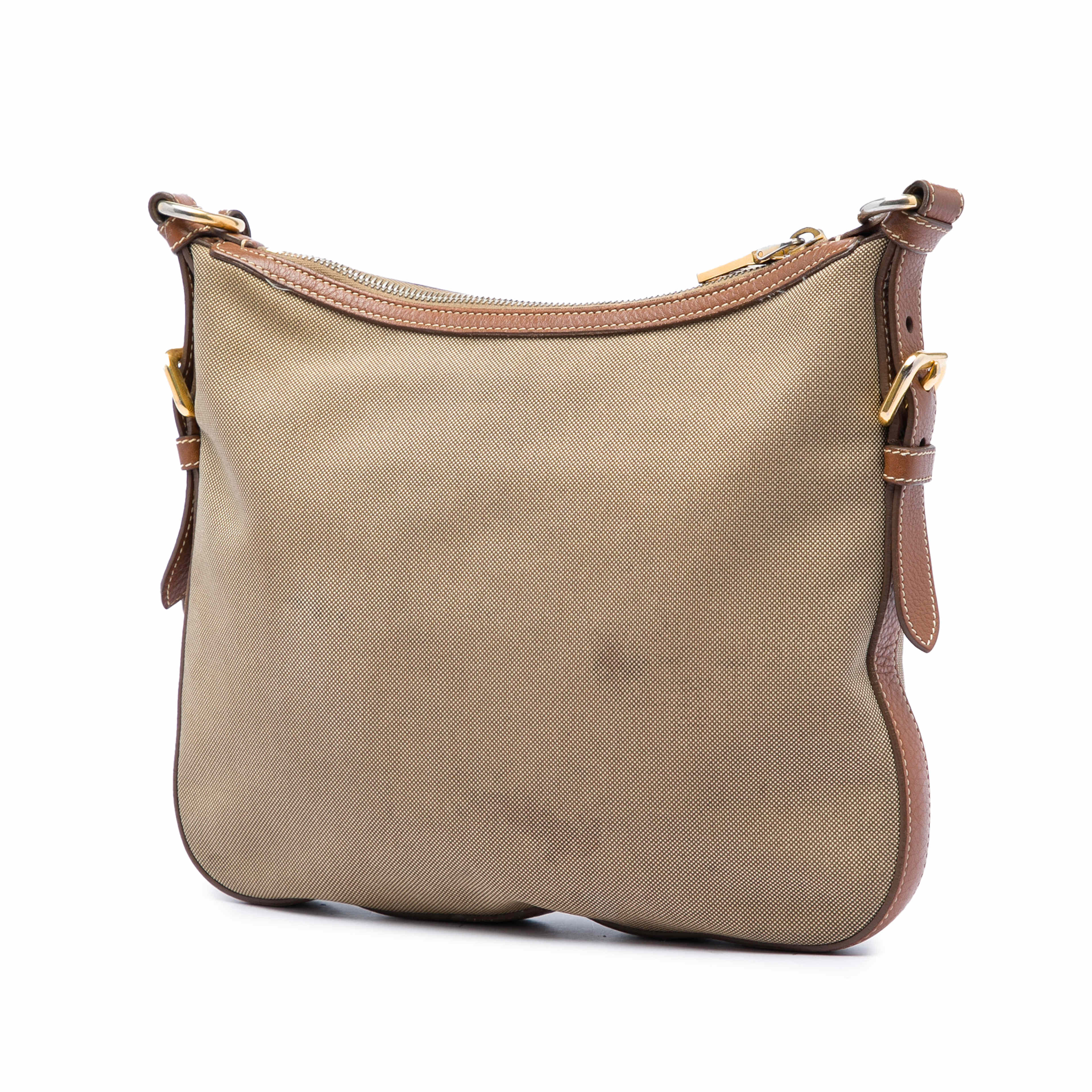 Prada Canvas Canapa Logo Crossbody, från Luxclusif, i färgen beige. Klicka för att öppna bilden i stort format