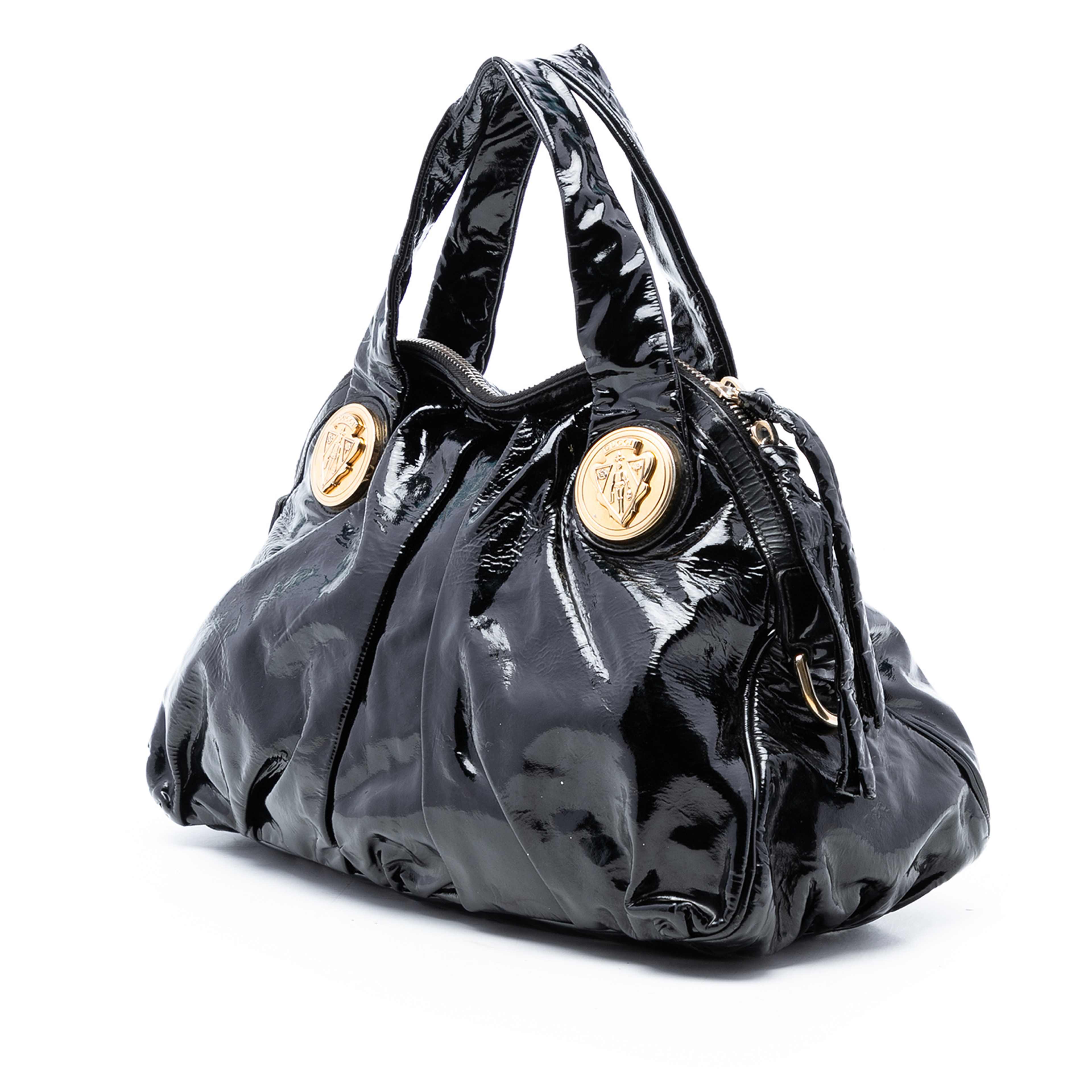 Gucci Large Patent Hysteria Satchel, från Luxclusif, i färgen black. Klicka för att öppna bilden i stort format