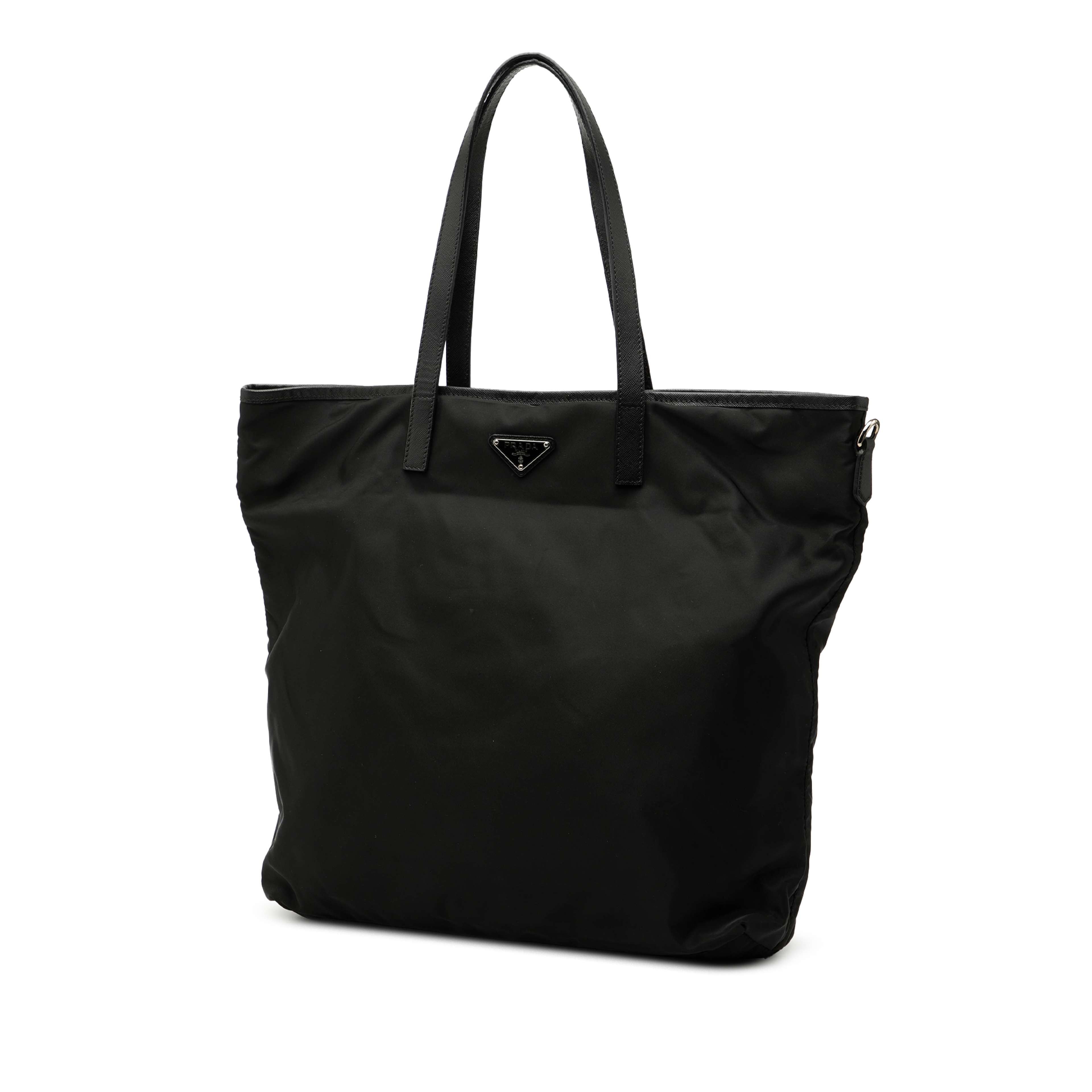 Prada Saffiano Trimmed Tessuto Applique Tote, från Luxclusif, i färgen black. Klicka för att öppna bilden i stort format