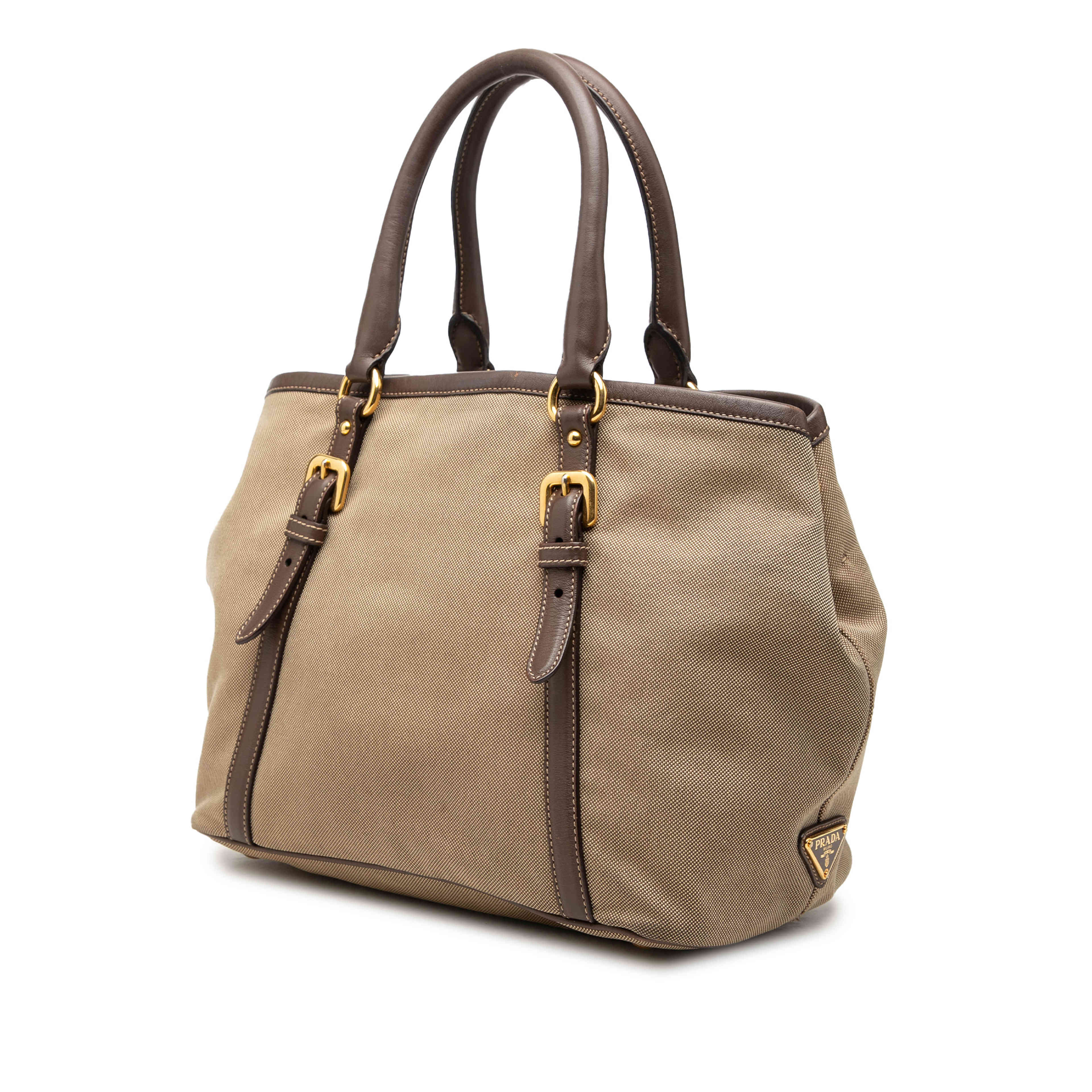 Prada Canvas Canapa Logo Bow Satchel, från Luxclusif, i färgen beige. Klicka för att öppna bilden i stort format