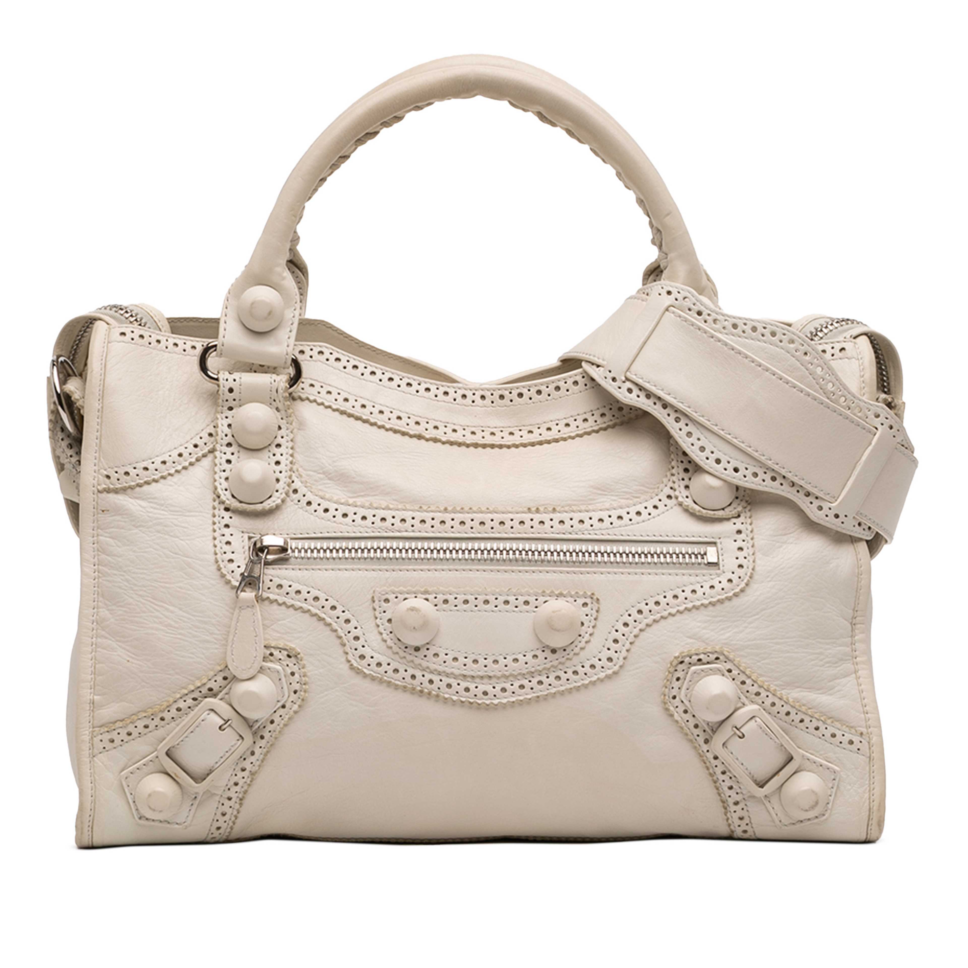 Balenciaga Lambskin Motocross Giant Brogues City Satchel, från Luxclusif, i färgen ivory. Klicka för att öppna bilden i stort format