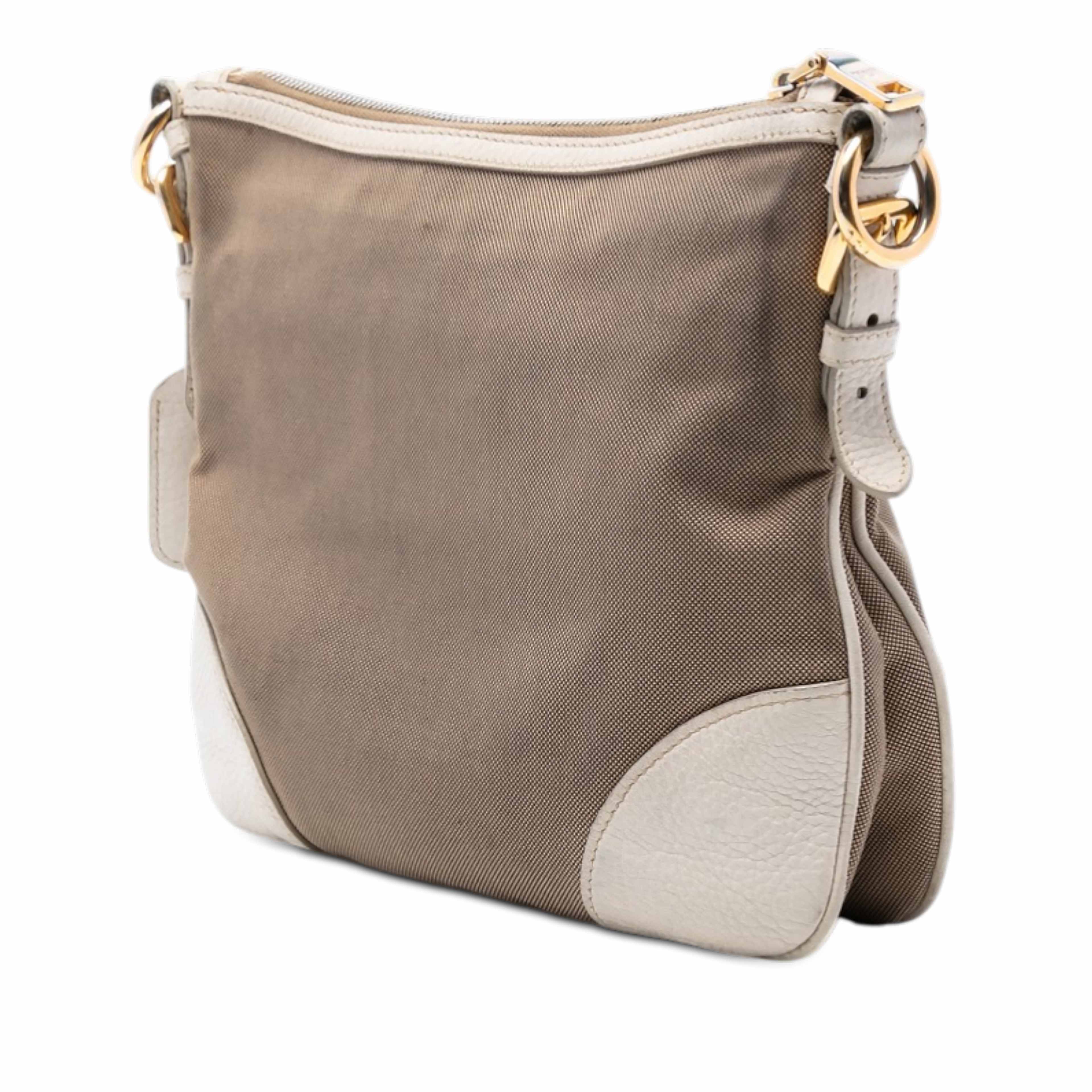 Prada Canvas Canapa Logo Crossbody, från Luxclusif, i färgen light brown. Klicka för att öppna bilden i stort format