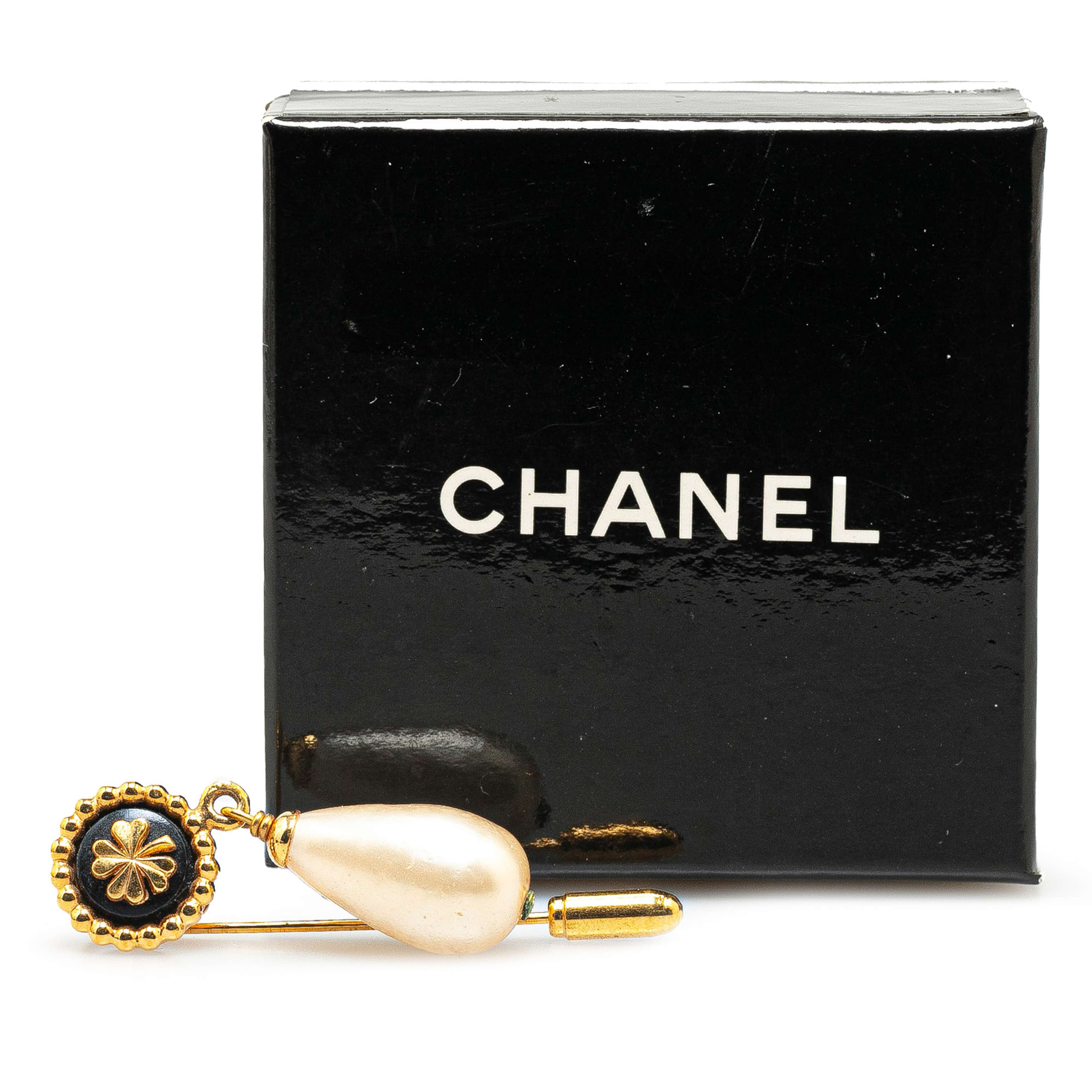 Chanel Gold Plated Clover Faux Pearl Swing Brooch Pin