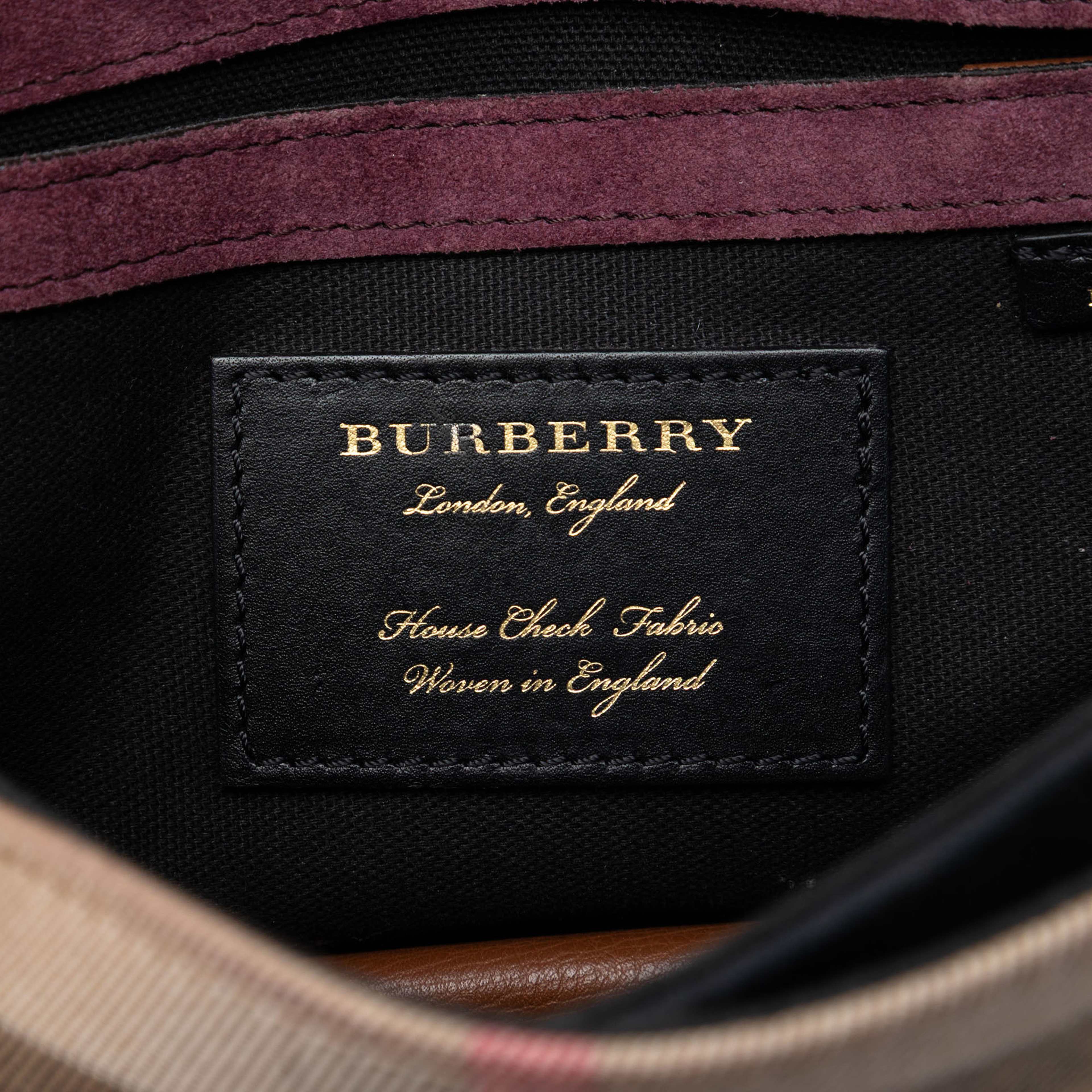 Burberry Small Leather And House Check Canvas Derby Macken Crossbody, från Luxclusif, i färgen brown. Klicka för att öppna bilden i stort format