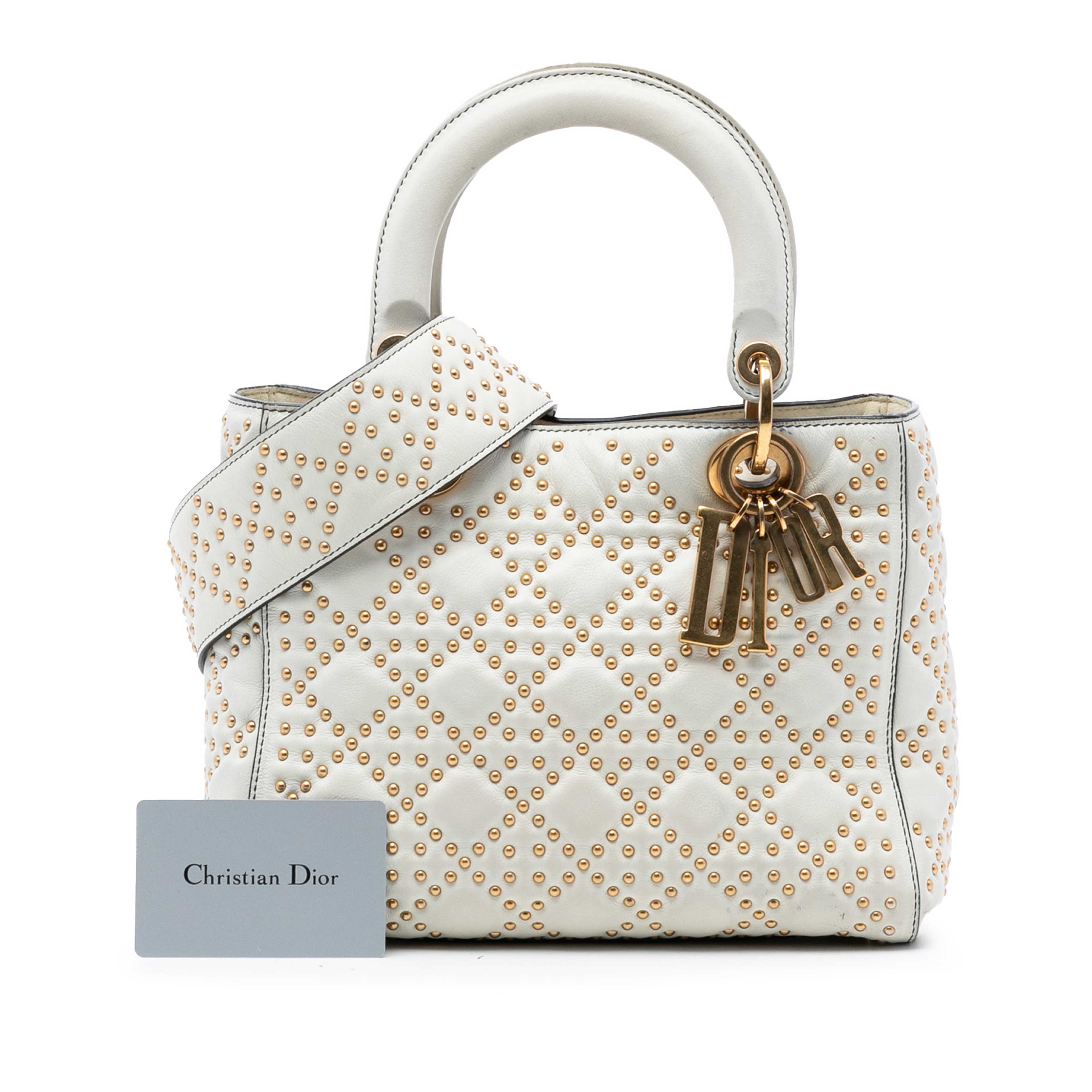 Dior Medium Lambskin Cannage Studded Supple Lady Dior, från Luxclusif, i färgen vit. Klicka för att öppna bilden i stort format