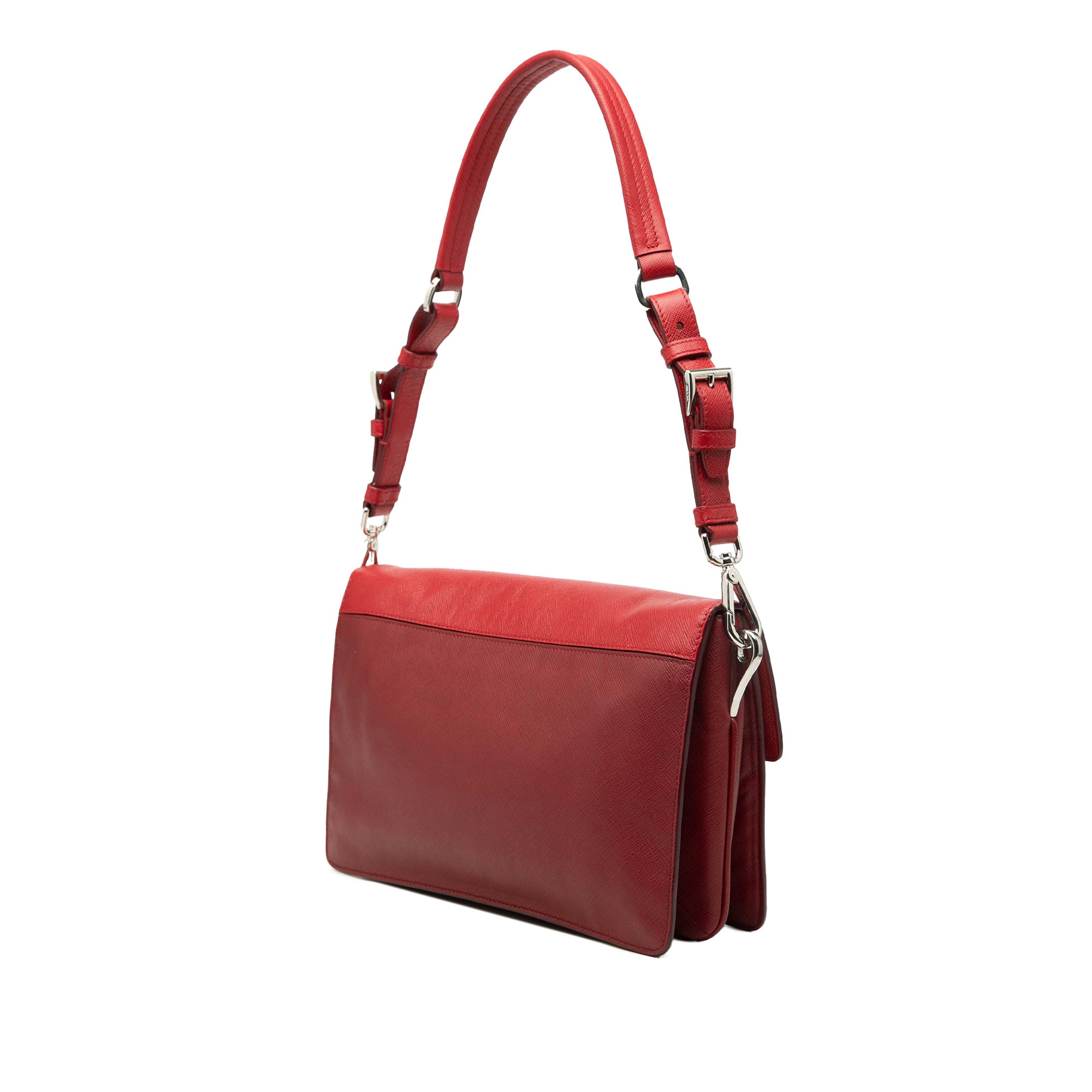 Prada Bicolor Saffiano Sound Lock Shoulder Bag, från Luxclusif, i färgen dark red. Klicka för att öppna bilden i stort format