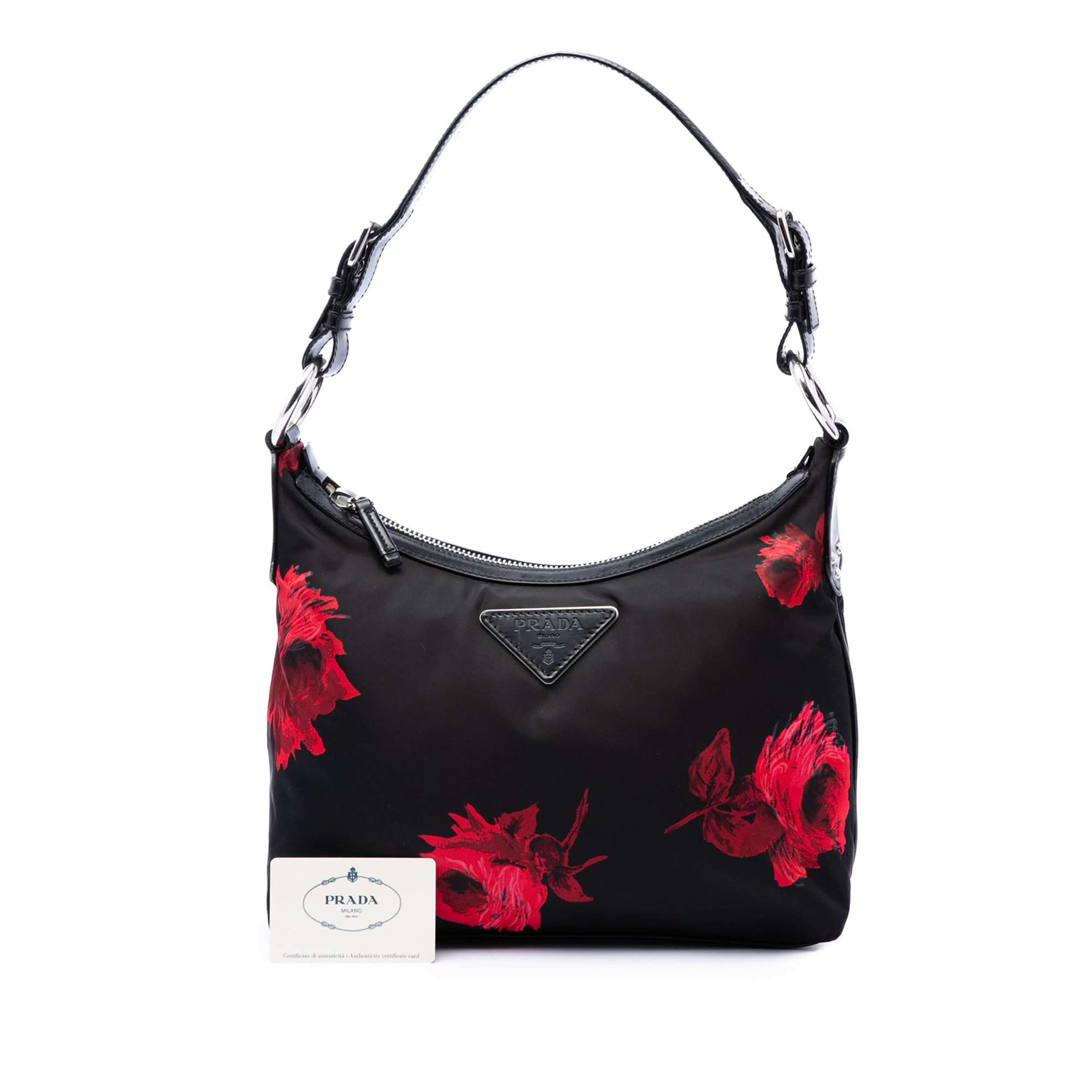Prada Tessuto Stampato Rose Shoulder Bag, från Luxclusif, i färgen svart. Klicka för att öppna bilden i stort format