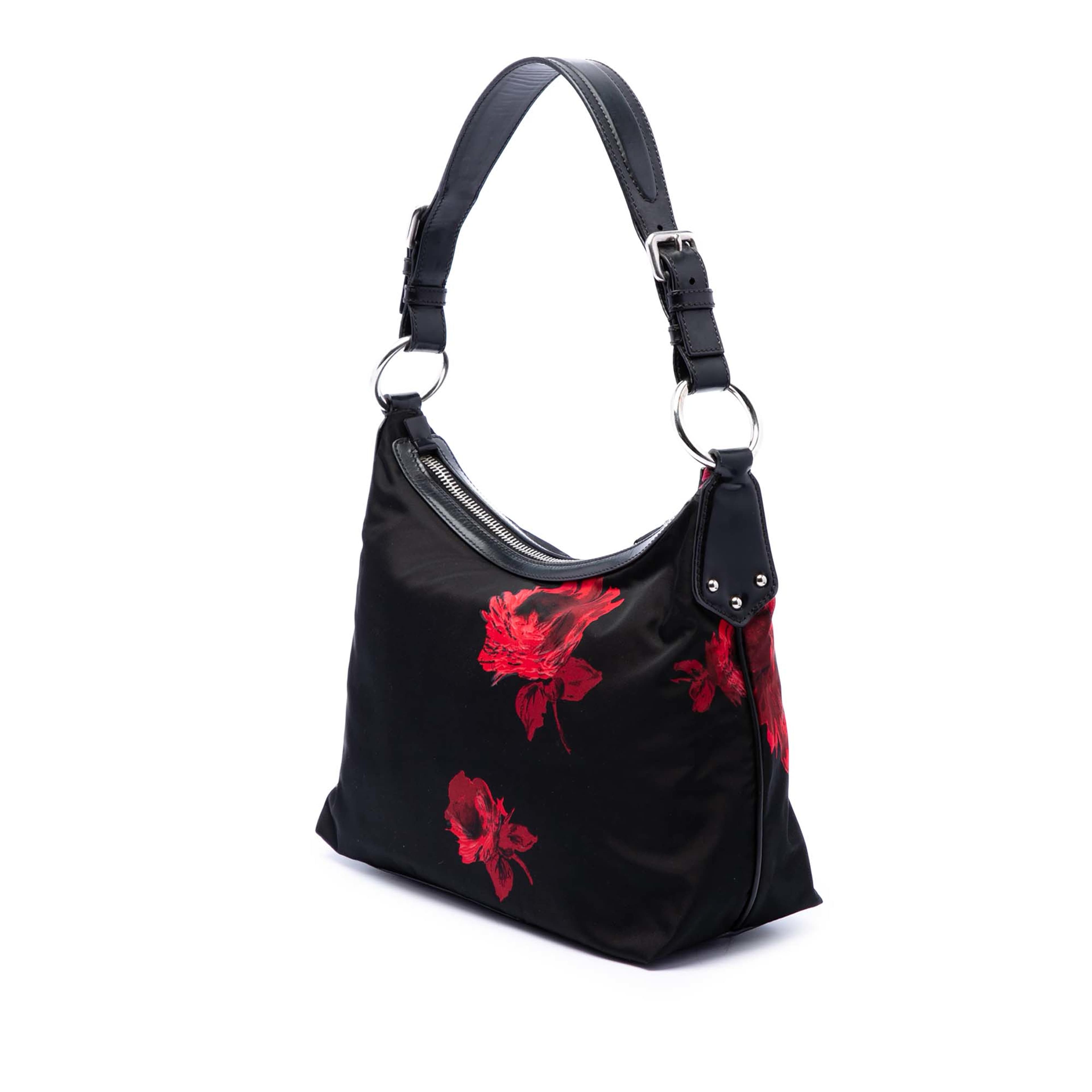 Prada Tessuto Stampato Rose Shoulder Bag, från Luxclusif, i färgen svart. Klicka för att öppna bilden i stort format