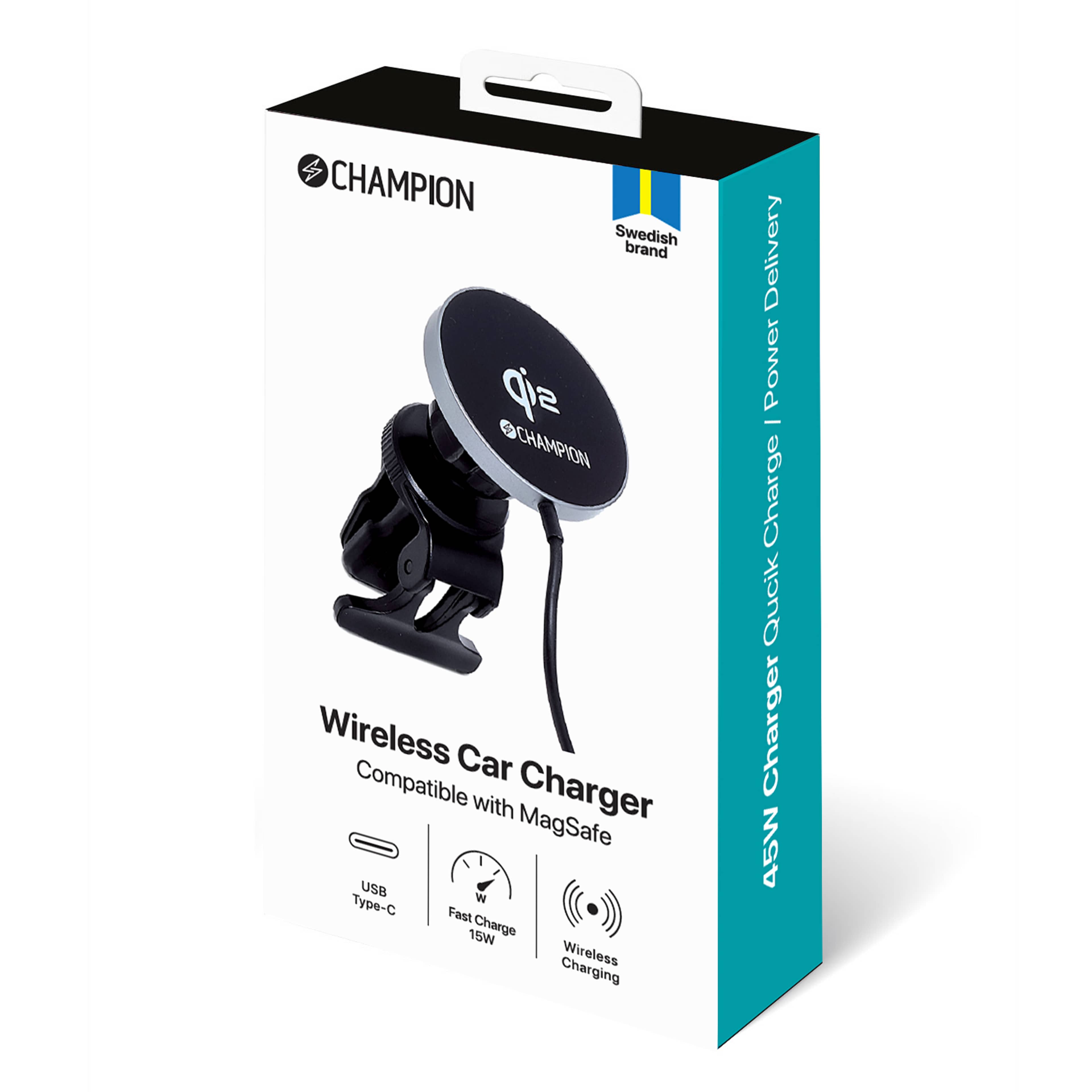 Mobilhållare Bil Qi2 15w, från Champion Nordic, i färgen svart. Klicka för att öppna bilden i stort format