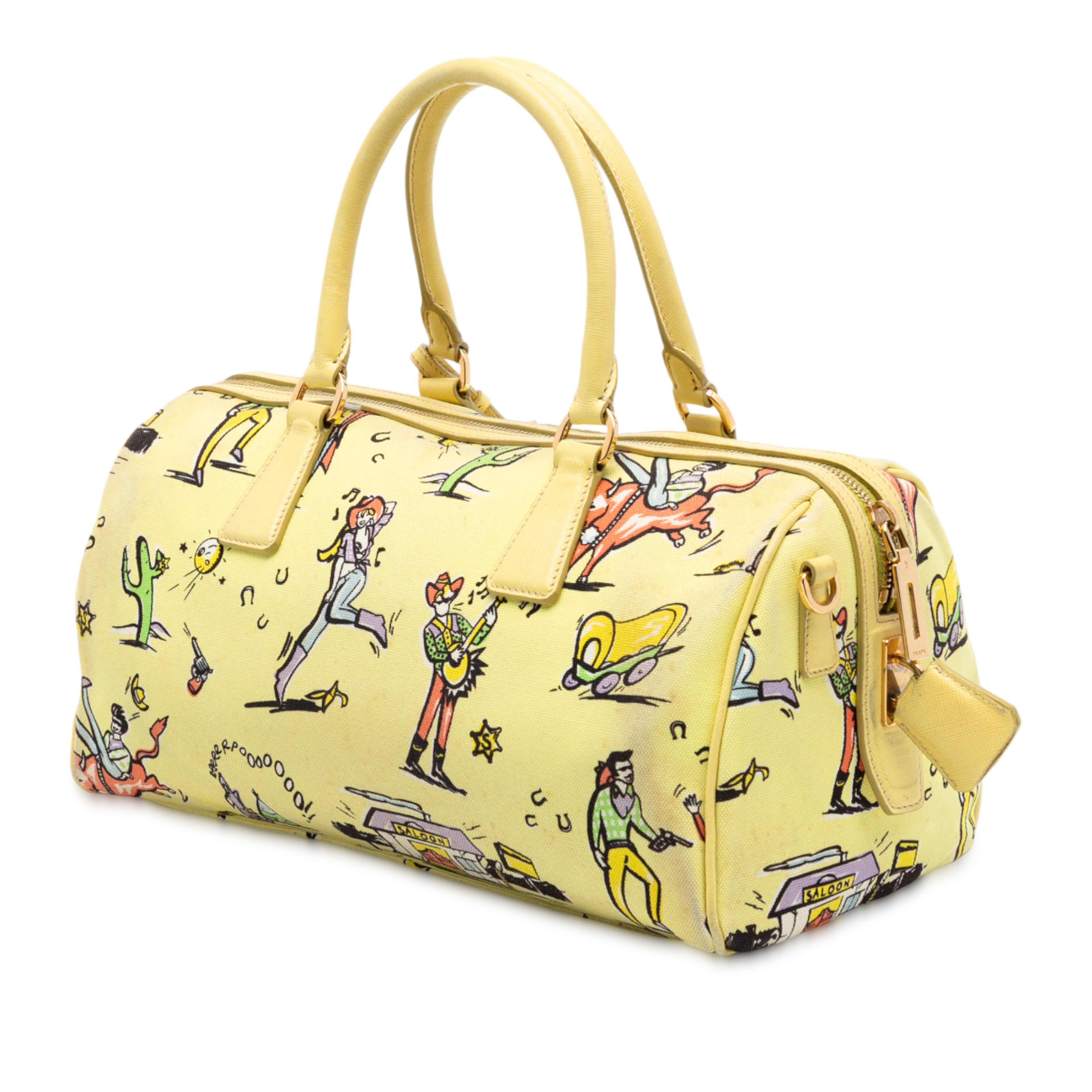 Prada Canvas Canapa St Foula Stampato Satchel, från Luxclusif, i färgen yellow. Klicka för att öppna bilden i stort format