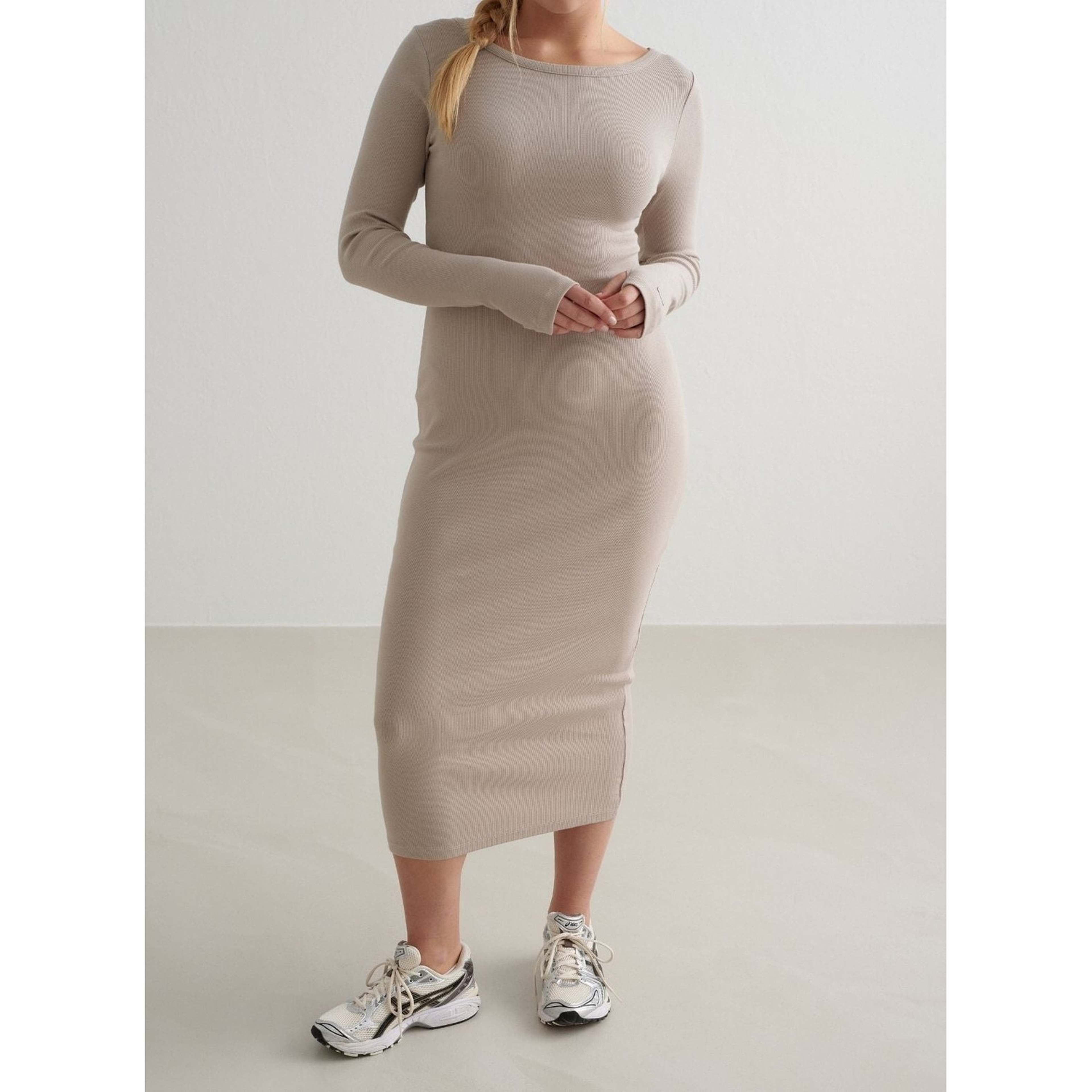 Dark Clay Ease Ribbed Long Sleeve Dress