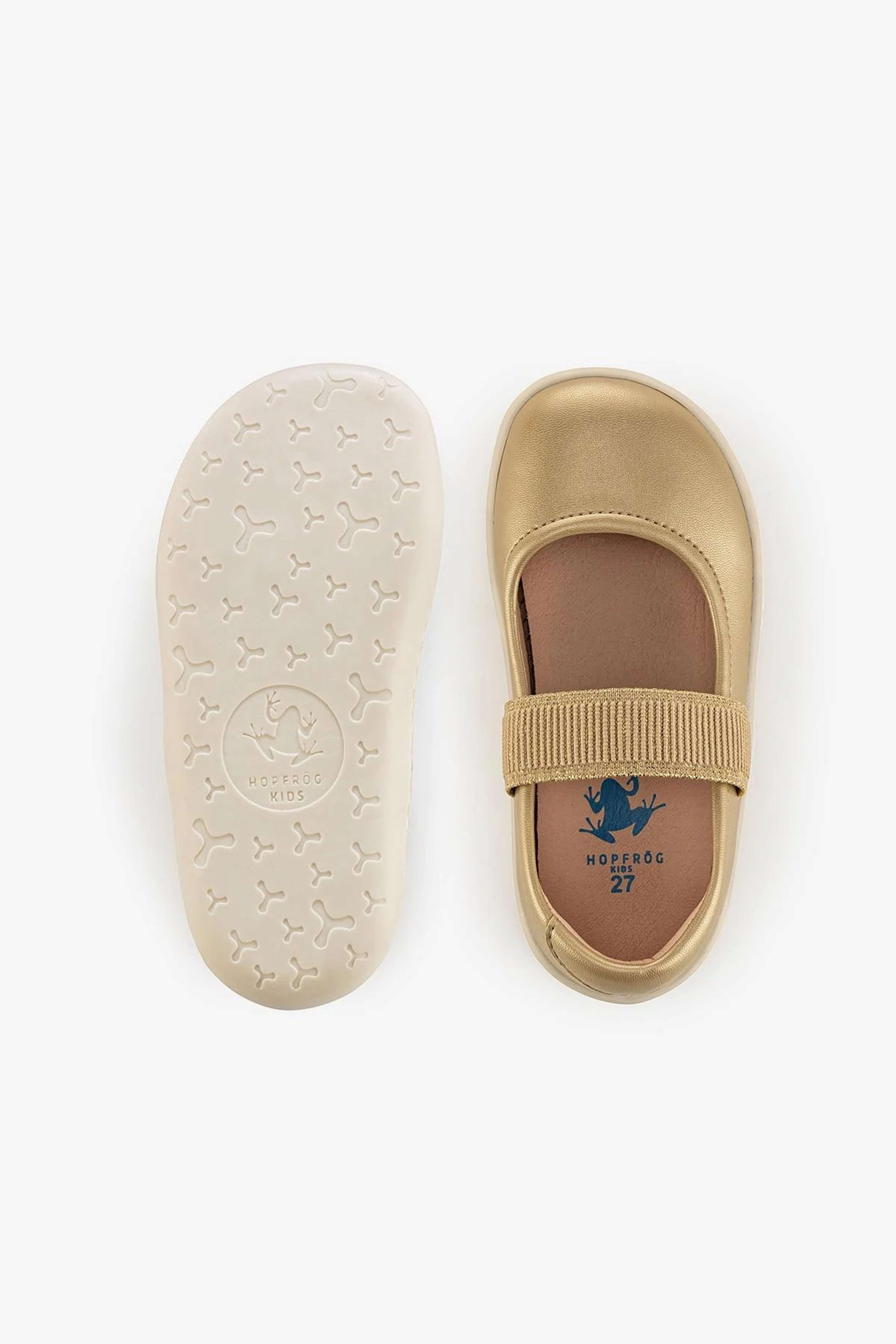 Hopfrög Mary Jane Barefoot Ballerinaskor, från Minimoca, i färgen guld. Klicka för att öppna bilden i stort format