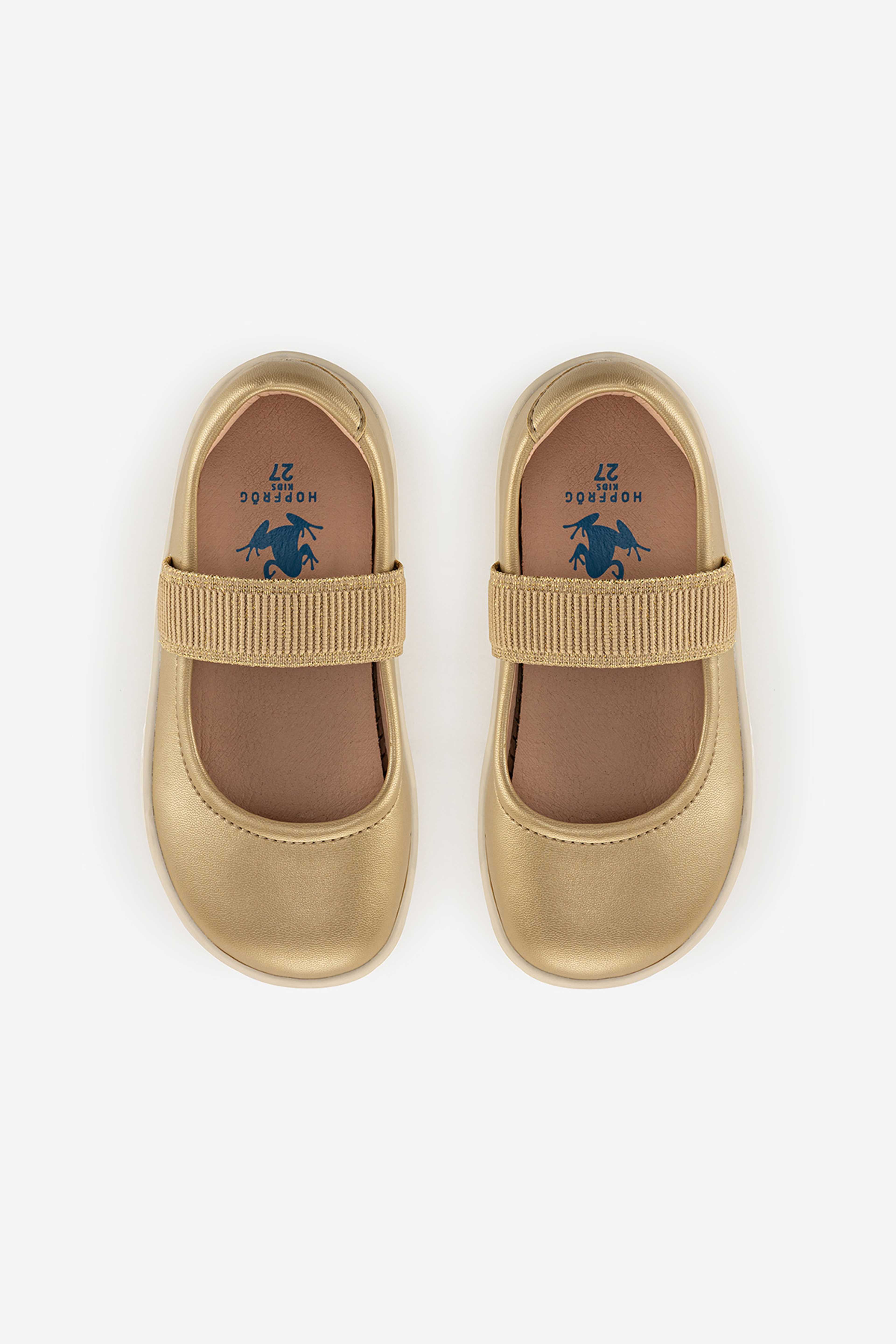 Hopfrög Mary Jane Barefoot Ballerinaskor, från Minimoca, i färgen guld. Klicka för att öppna bilden i stort format