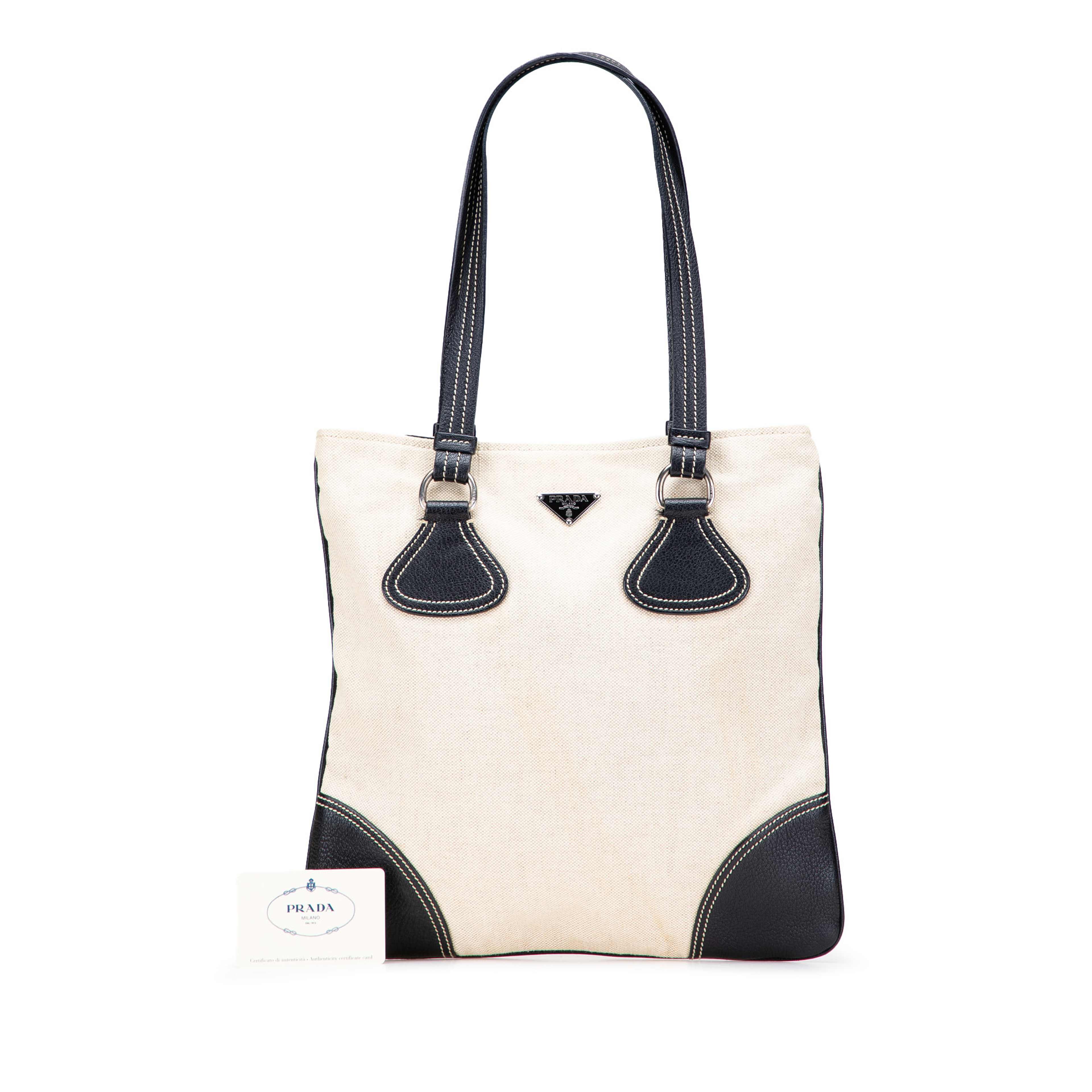 Prada Vitello Trimmed Canvas Canapa Tote, från Luxclusif, i färgen brun. Klicka för att öppna bilden i stort format