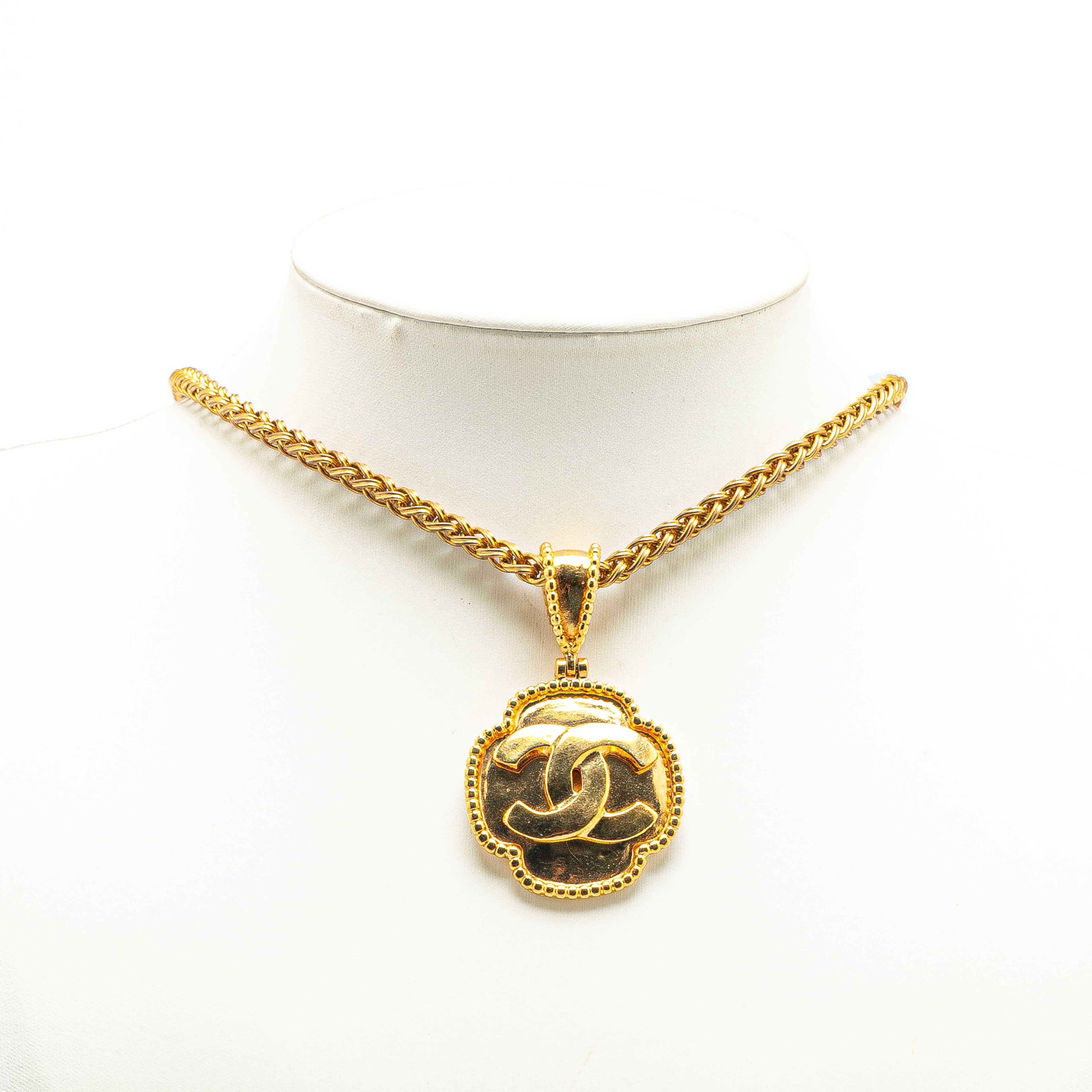Chanel Gold Plated Cc Medallion Clover Pendant Necklace