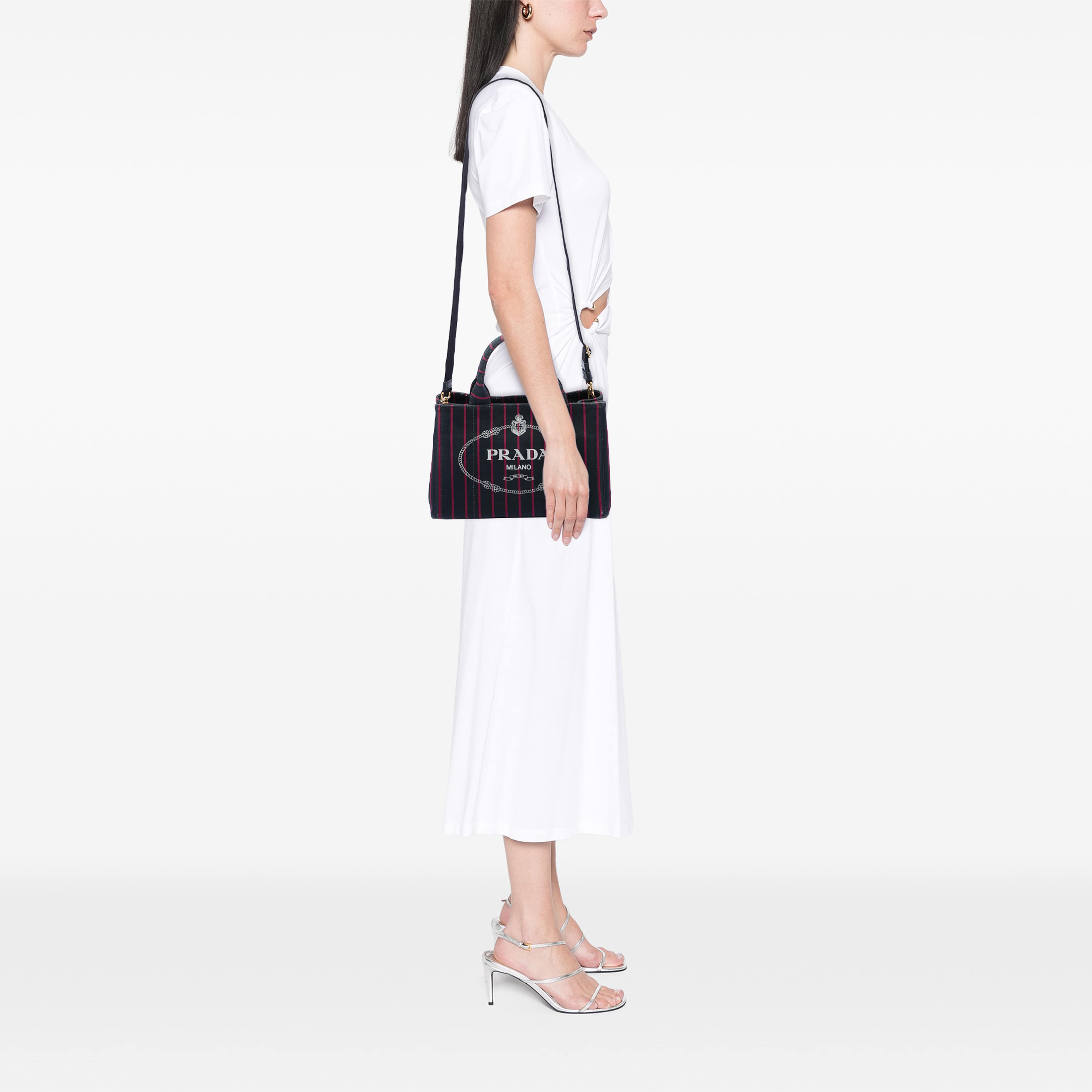 Prada Small Canvas Canapa Logo Stripes Satchel, från Luxclusif, i färgen svart. Klicka för att öppna bilden i stort format