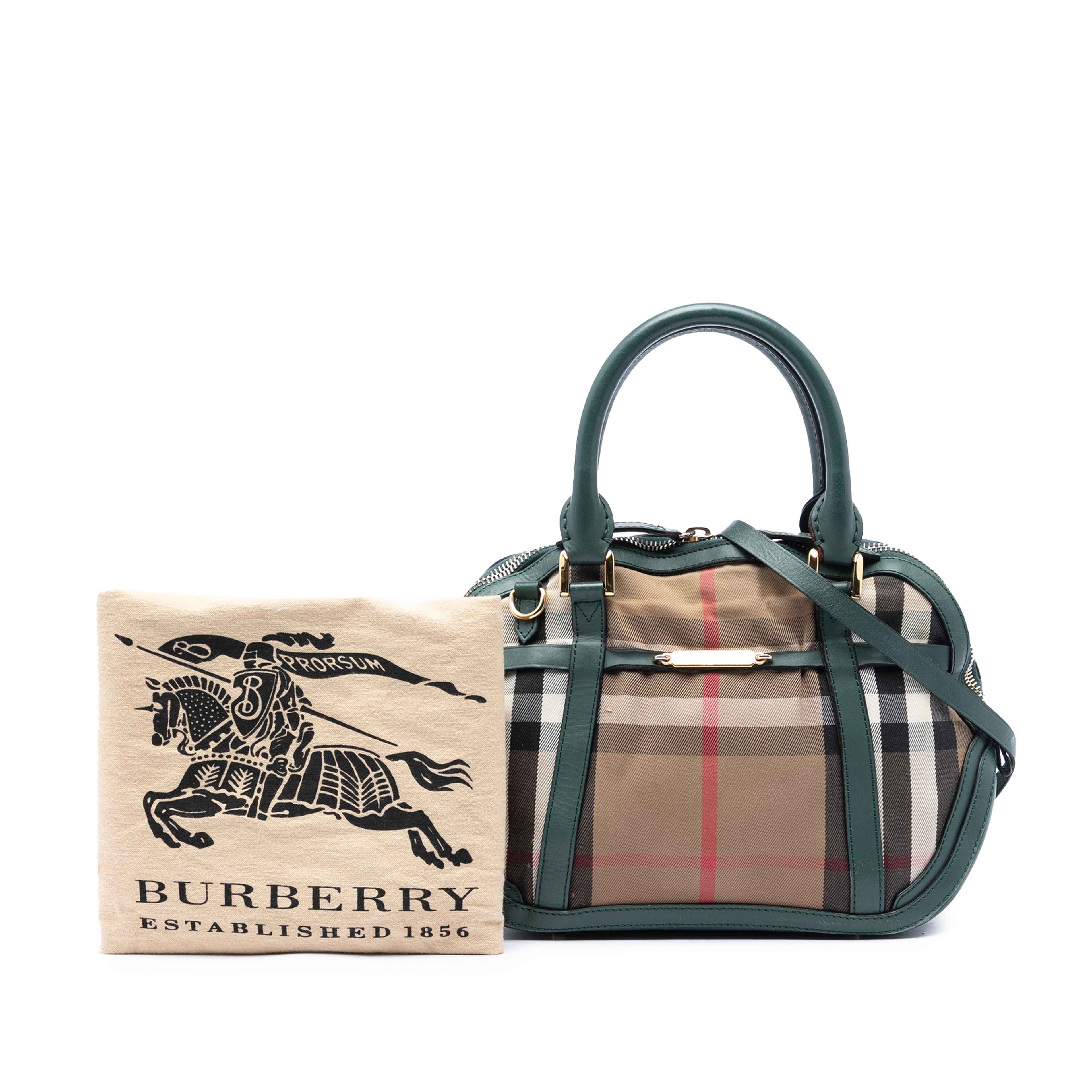 Burberry Small Leather Trimmed House Check Canvas Bridle Orchard Satchel, från Luxclusif, i färgen beige. Klicka för att öppna bilden i stort format