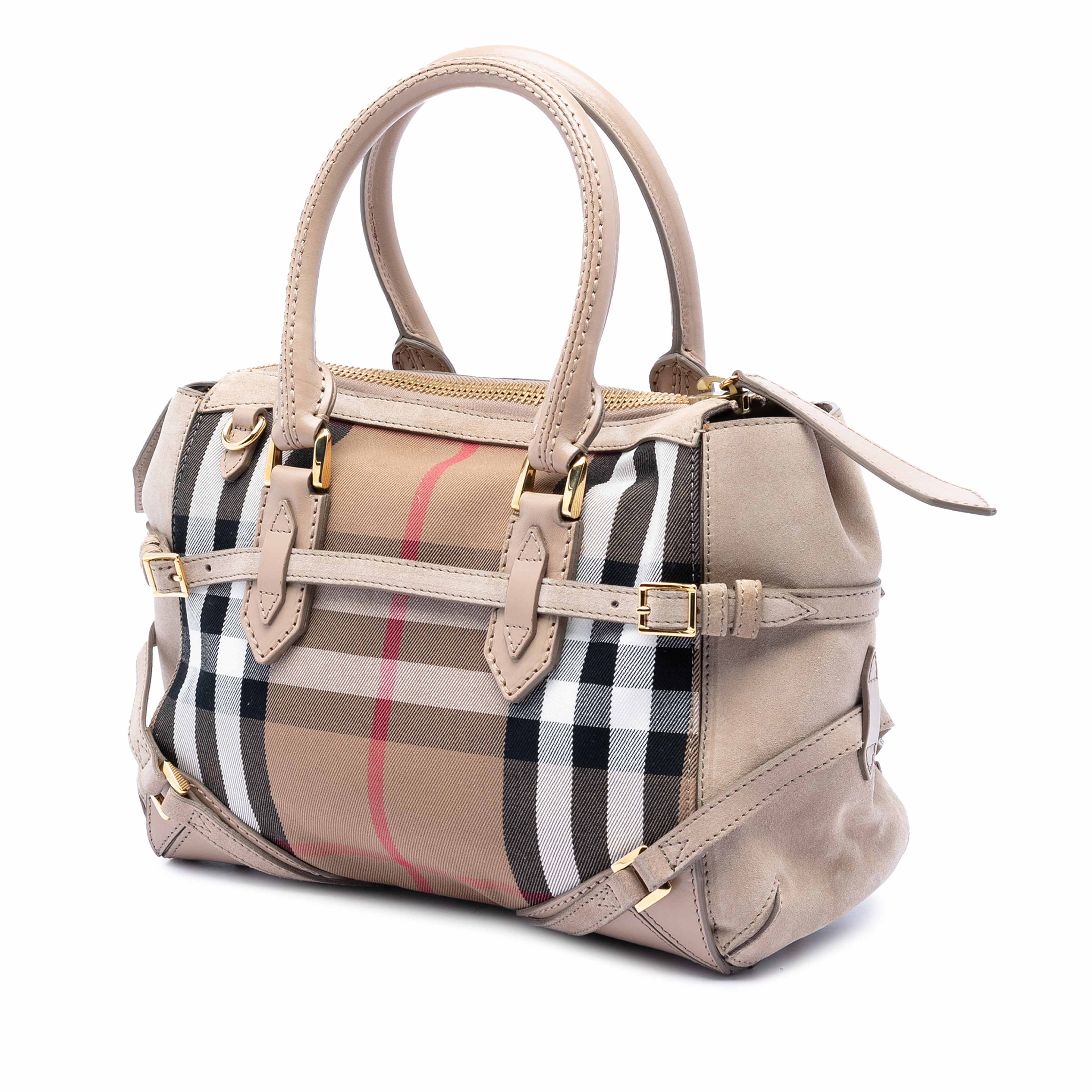Burberry Small House Check Canvas Bridle Gladstone Satchel, från Luxclusif, i färgen beige. Klicka för att öppna bilden i stort format