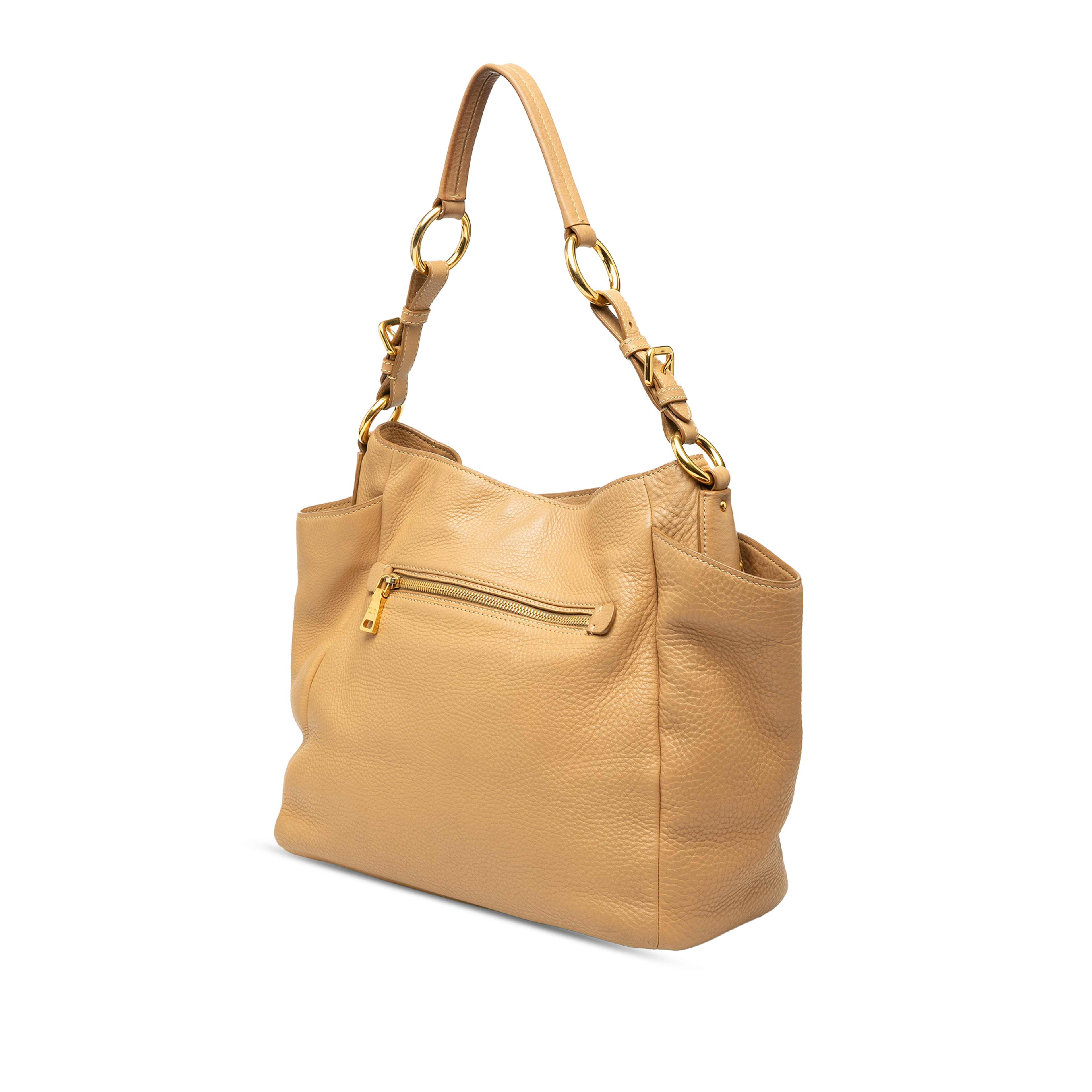 Prada Vitello Daino Front Zip Hobo, från Luxclusif, i färgen beige. Klicka för att öppna bilden i stort format