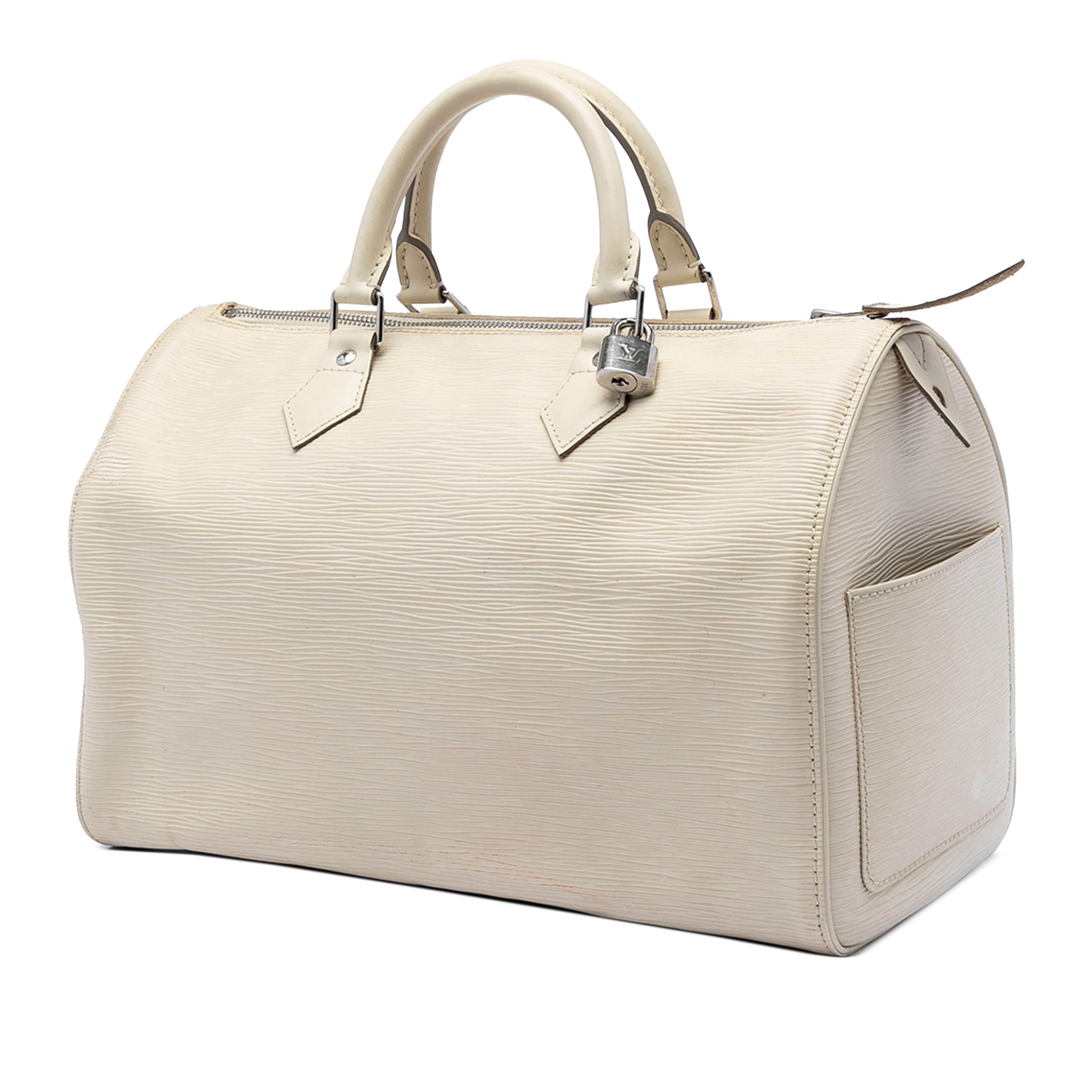 Louis Vuitton Epi Speedy 35, från Luxclusif, i färgen vit. Klicka för att öppna bilden i stort format