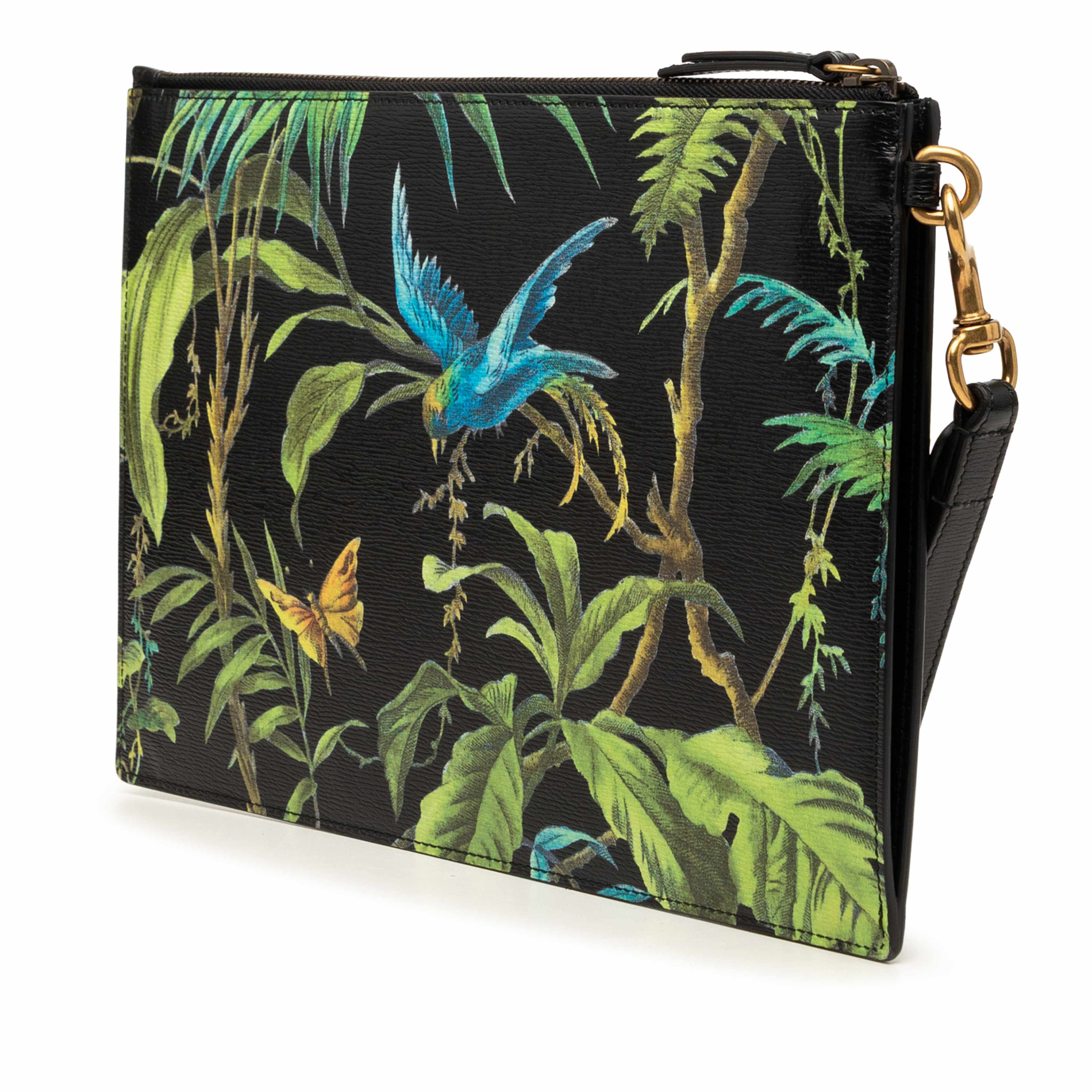 Gucci Calfskin Tropical Print Clutch, från Luxclusif, i färgen black. Klicka för att öppna bilden i stort format