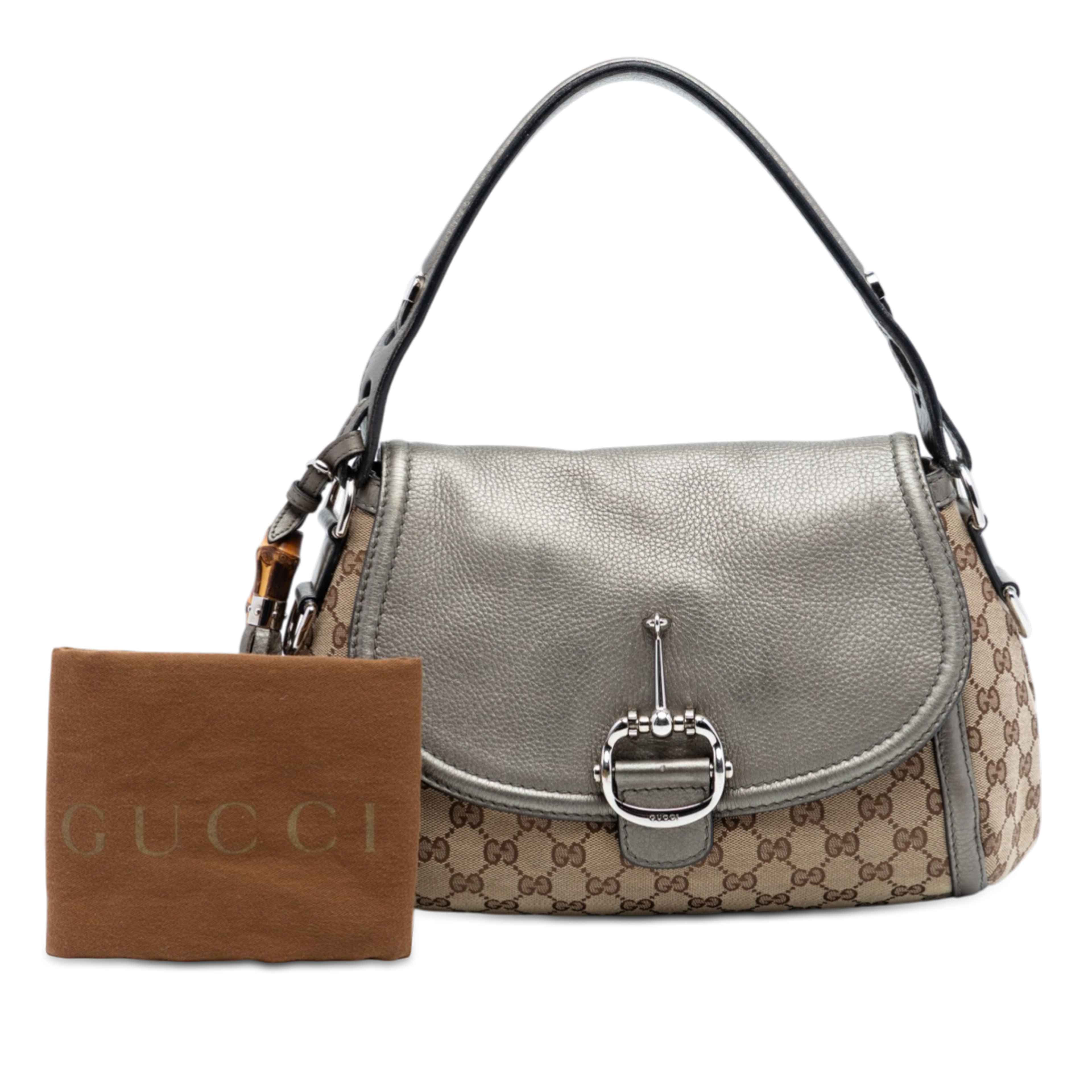 Gucci Medium Gg Canvas Techno Horsebit Satchel, från Luxclusif, i färgen beige. Klicka för att öppna bilden i stort format