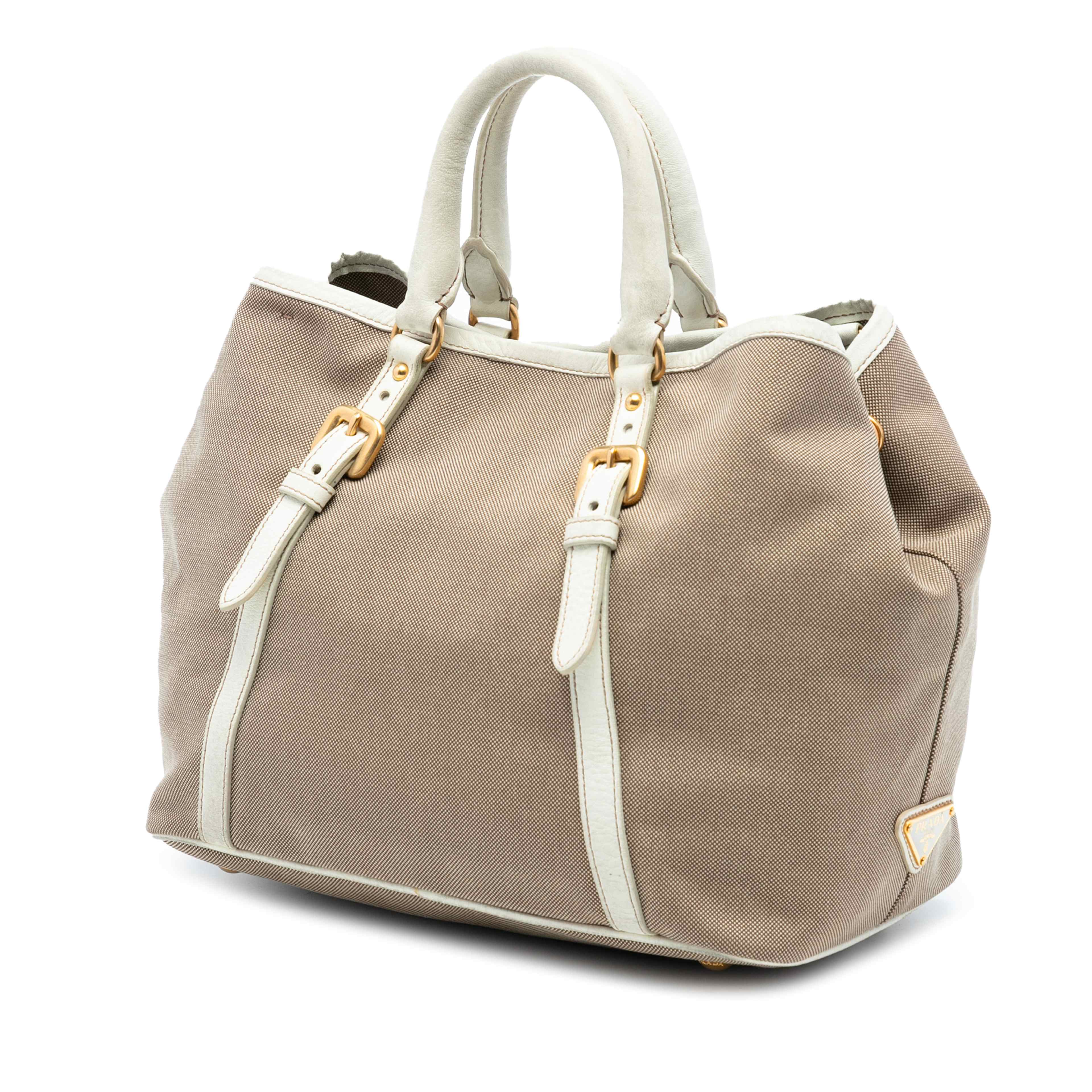 Prada Canvas Canapa Logo Bow Satchel, från Luxclusif, i färgen beige. Klicka för att öppna bilden i stort format