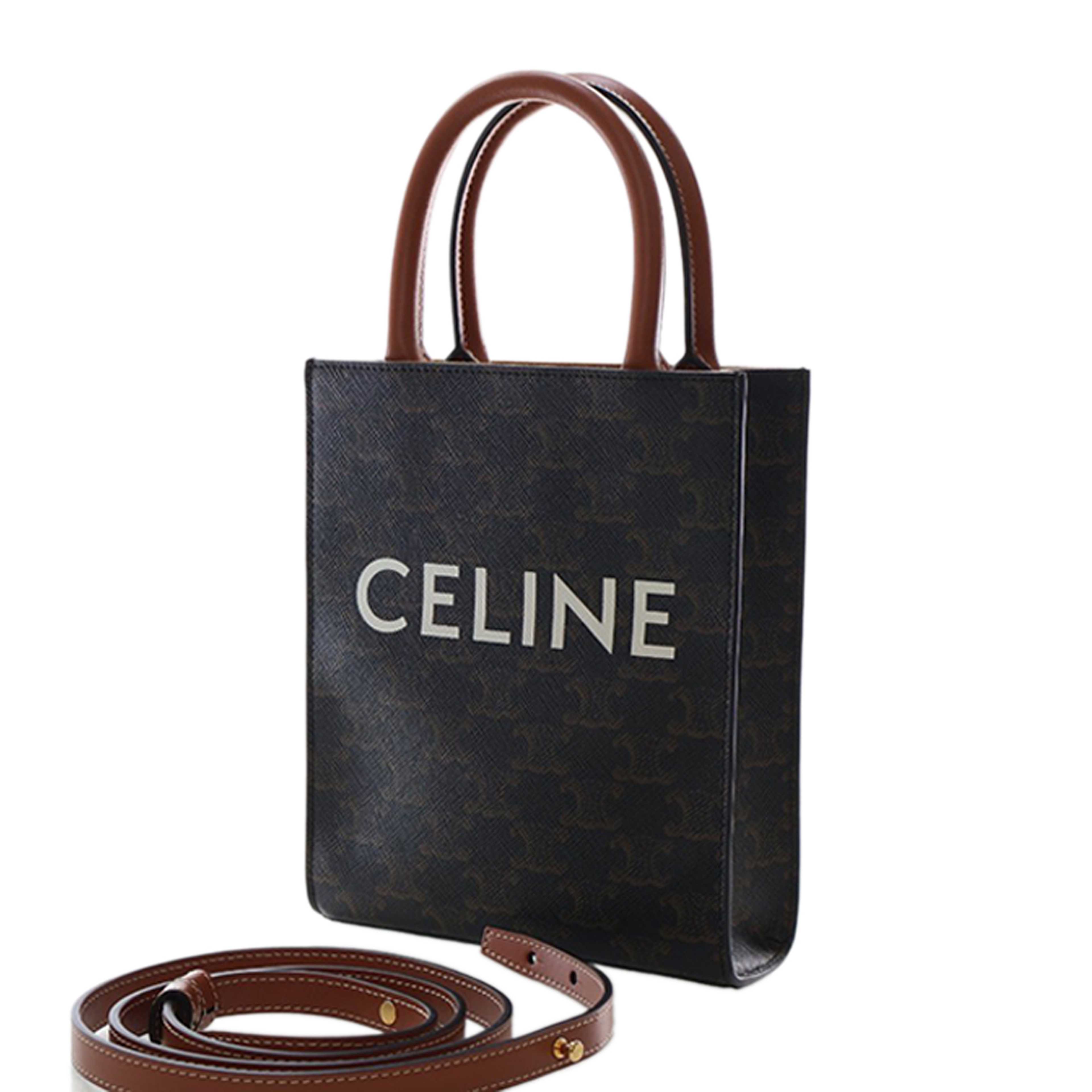 Celine Mini Triomphe Coated Canvas Vertical Cabas Satchel, från Luxclusif, i färgen dark brown. Klicka för att öppna bilden i stort format
