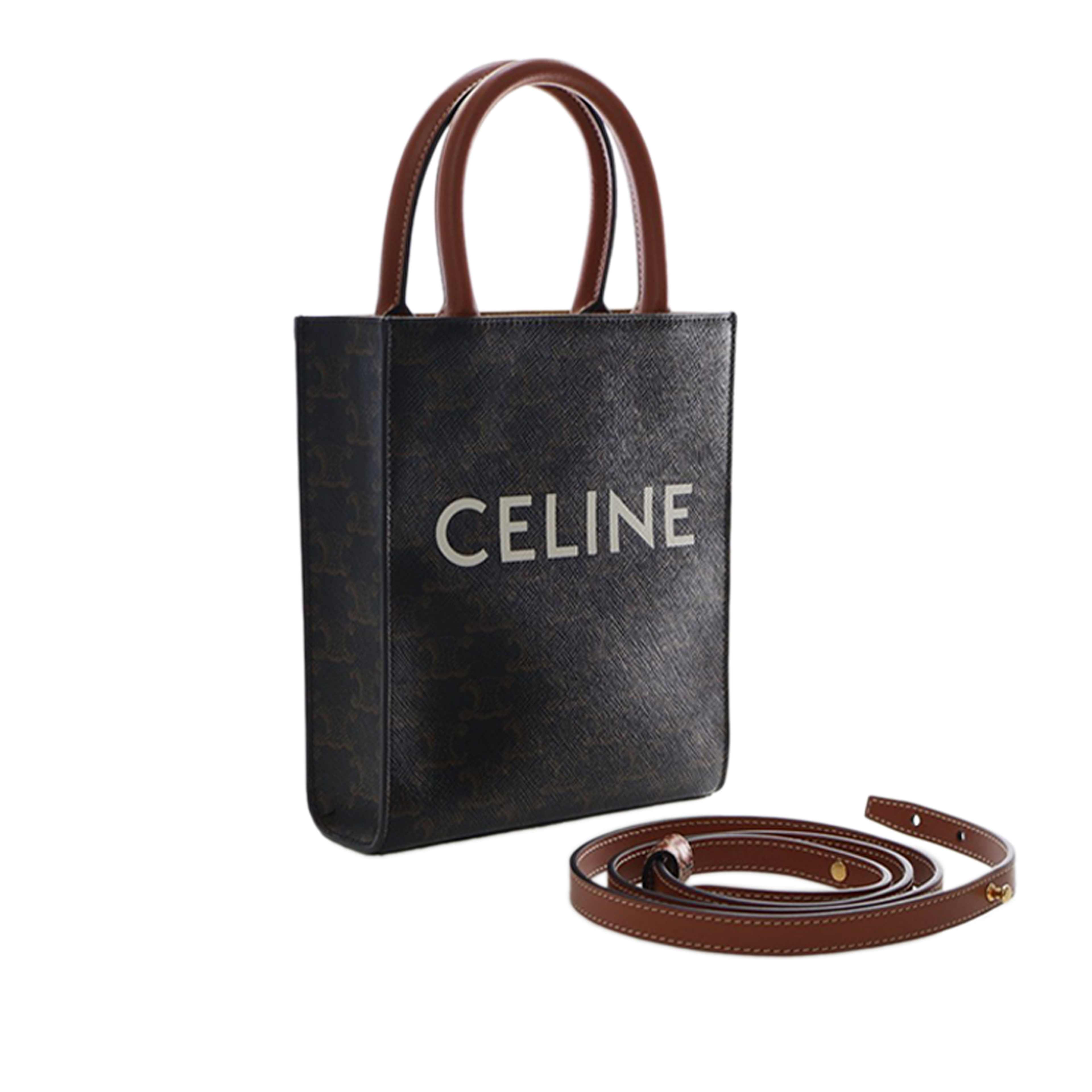 Celine Mini Triomphe Coated Canvas Vertical Cabas Satchel, från Luxclusif, i färgen dark brown. Klicka för att öppna bilden i stort format