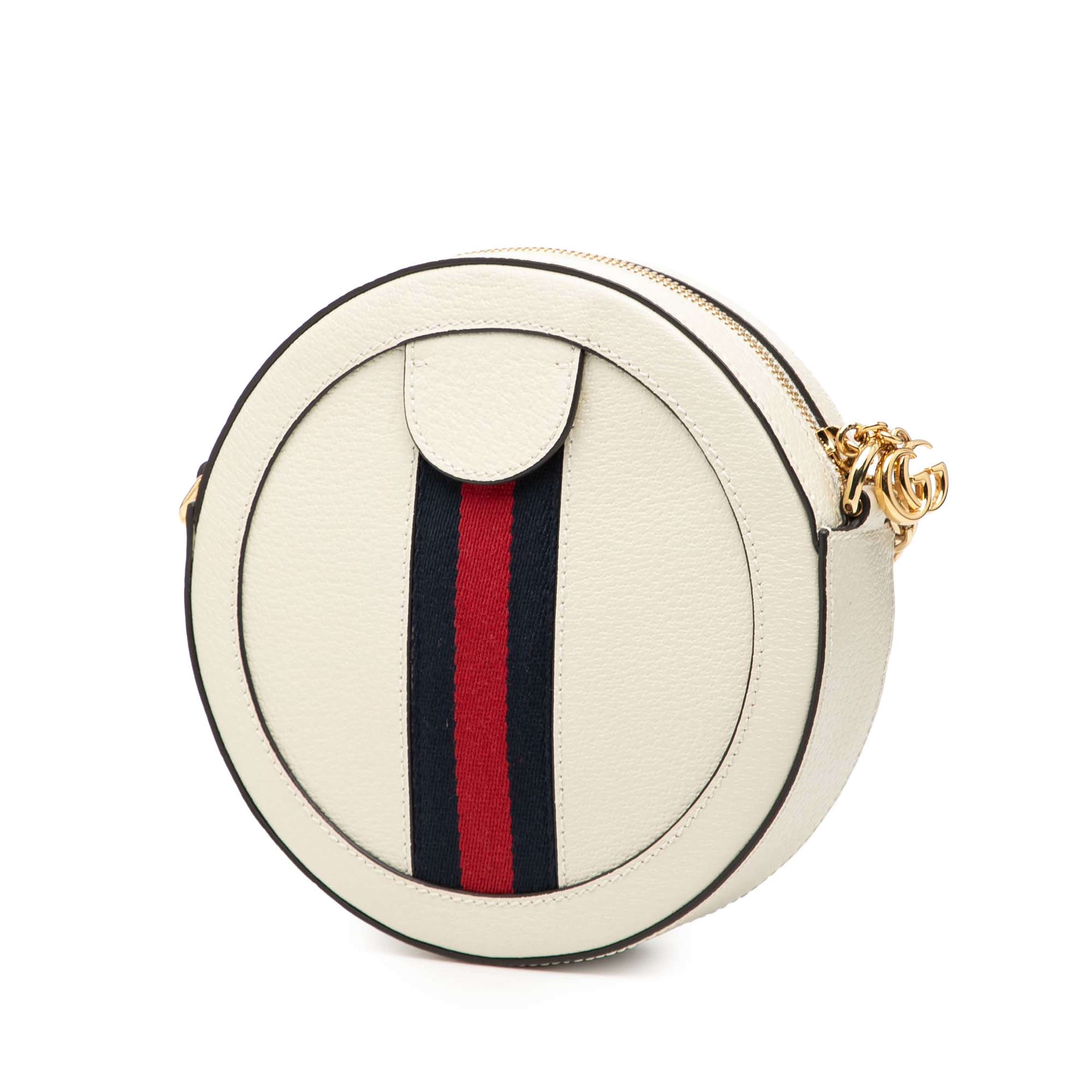 Gucci Mini Calfskin Web Ophidia Round Crossbody, från Luxclusif, i färgen vit. Klicka för att öppna bilden i stort format