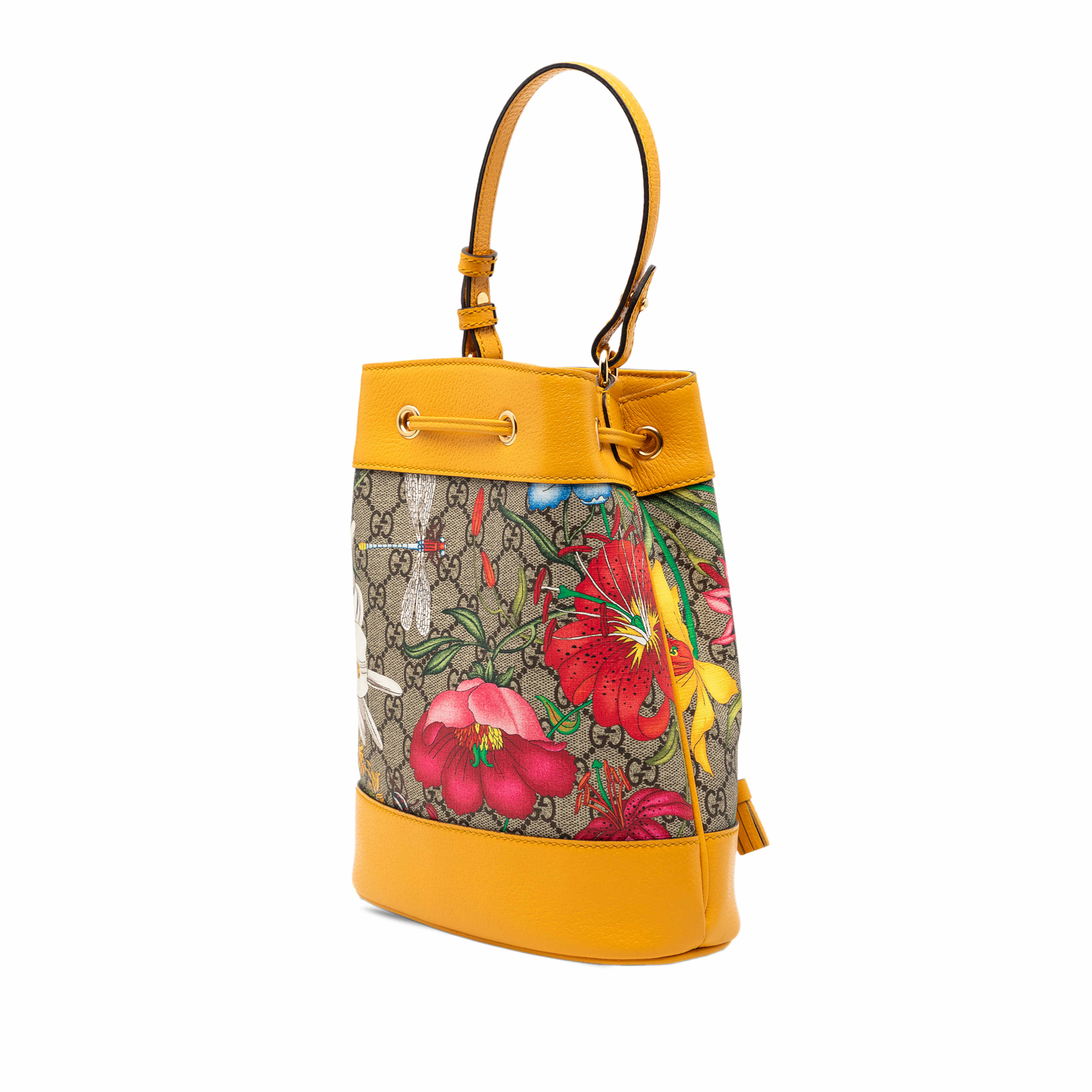 Gucci Small Gg Supreme Flora Ophidia Bucket Bag, från Luxclusif, i färgen beige. Klicka för att öppna bilden i stort format