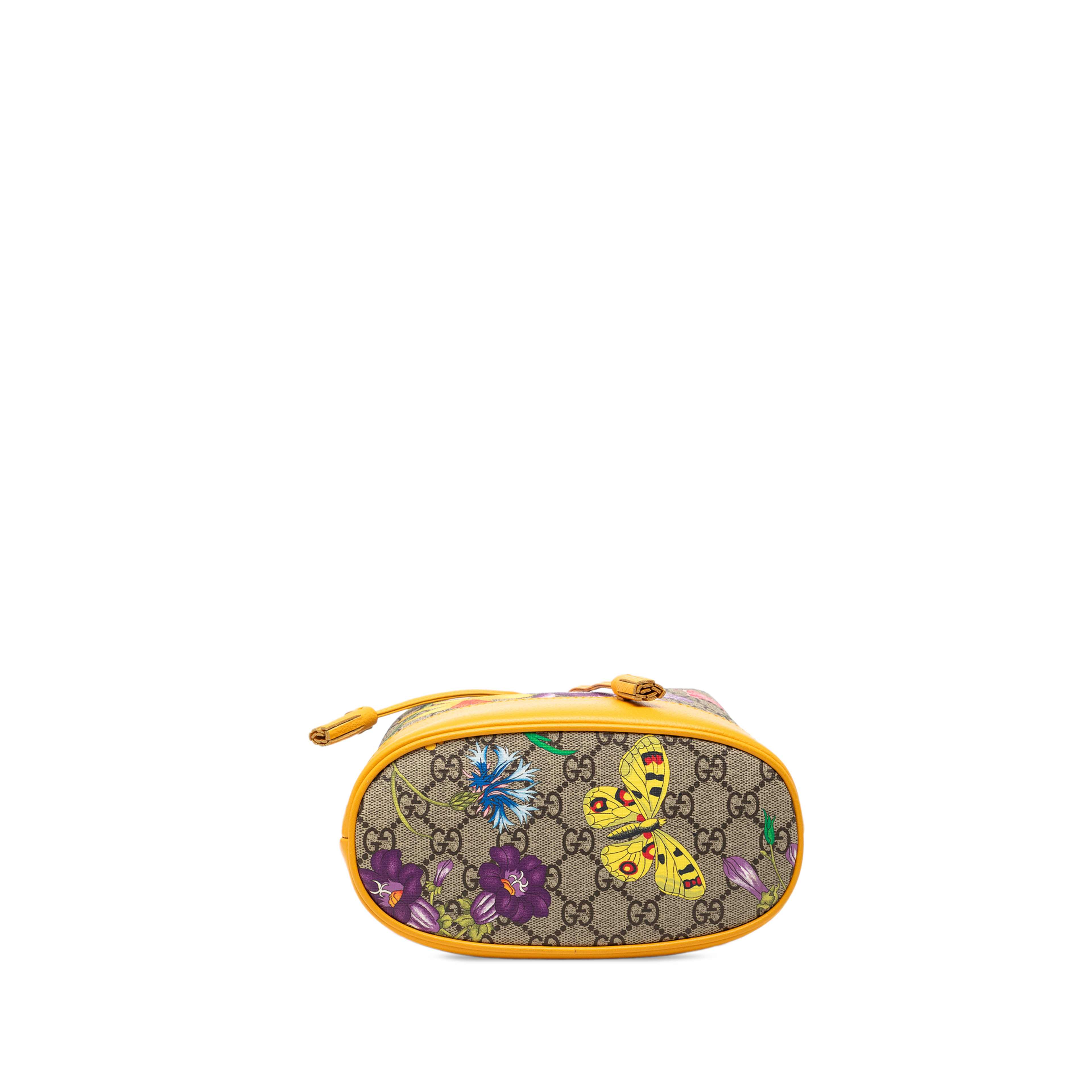Gucci Small Gg Supreme Flora Ophidia Bucket Bag, från Luxclusif, i färgen gul. Klicka för att öppna bilden i stort format
