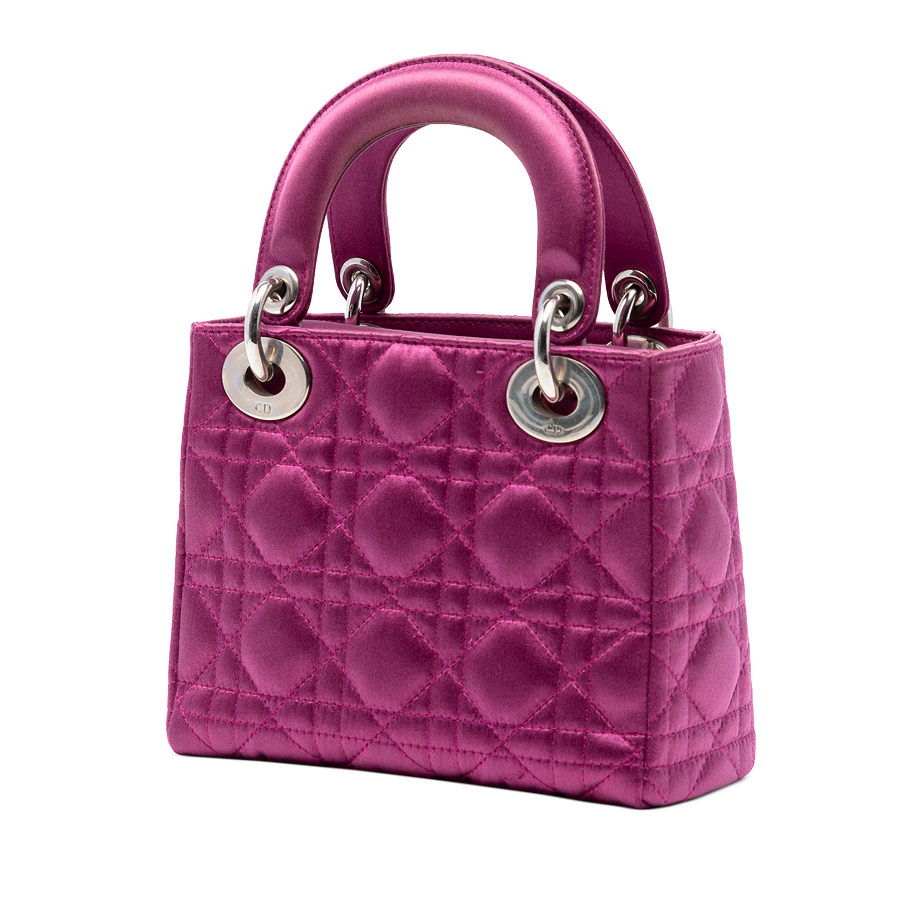 Dior Mini Satin Cannage Lady Dior, från Luxclusif, i färgen hot pink. Klicka för att öppna bilden i stort format